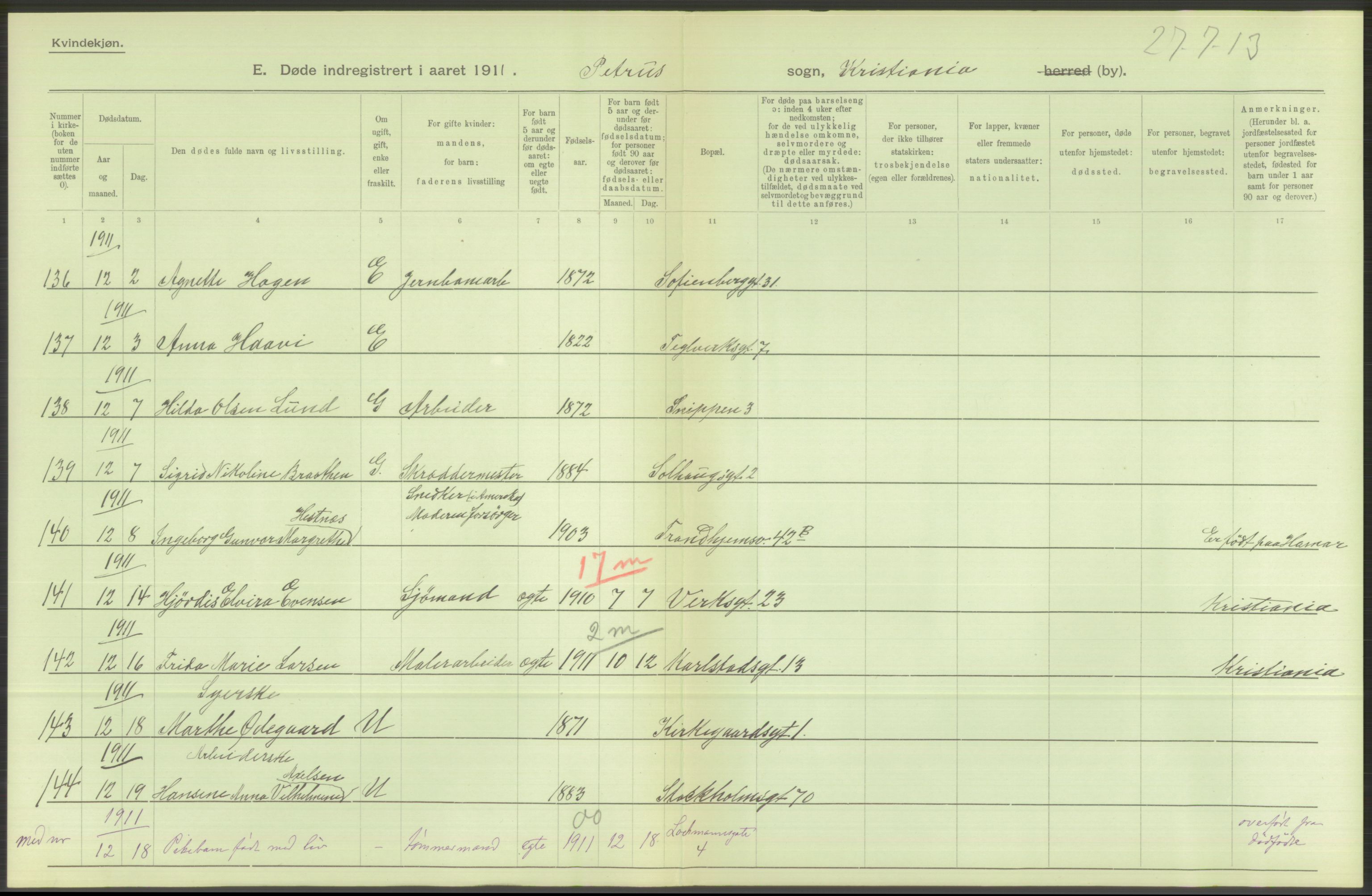 Statistisk sentralbyrå, Sosiodemografiske emner, Befolkning, RA/S-2228/D/Df/Dfb/Dfba/L0010: Kristiania: Døde kvinner samt dødfødte., 1911, s. 390