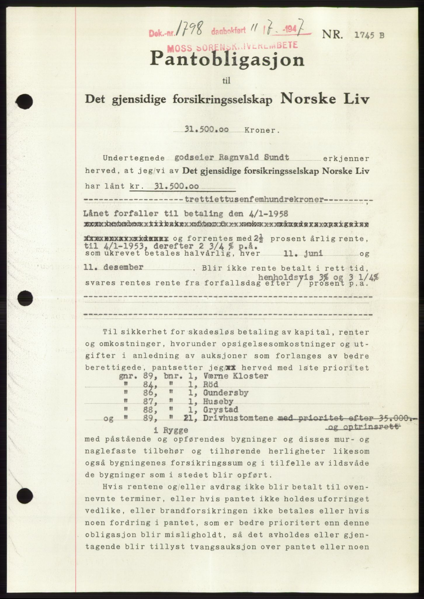 Moss sorenskriveri, SAO/A-10168: Pantebok nr. B17, 1947-1947, Dagboknr: 1798/1947