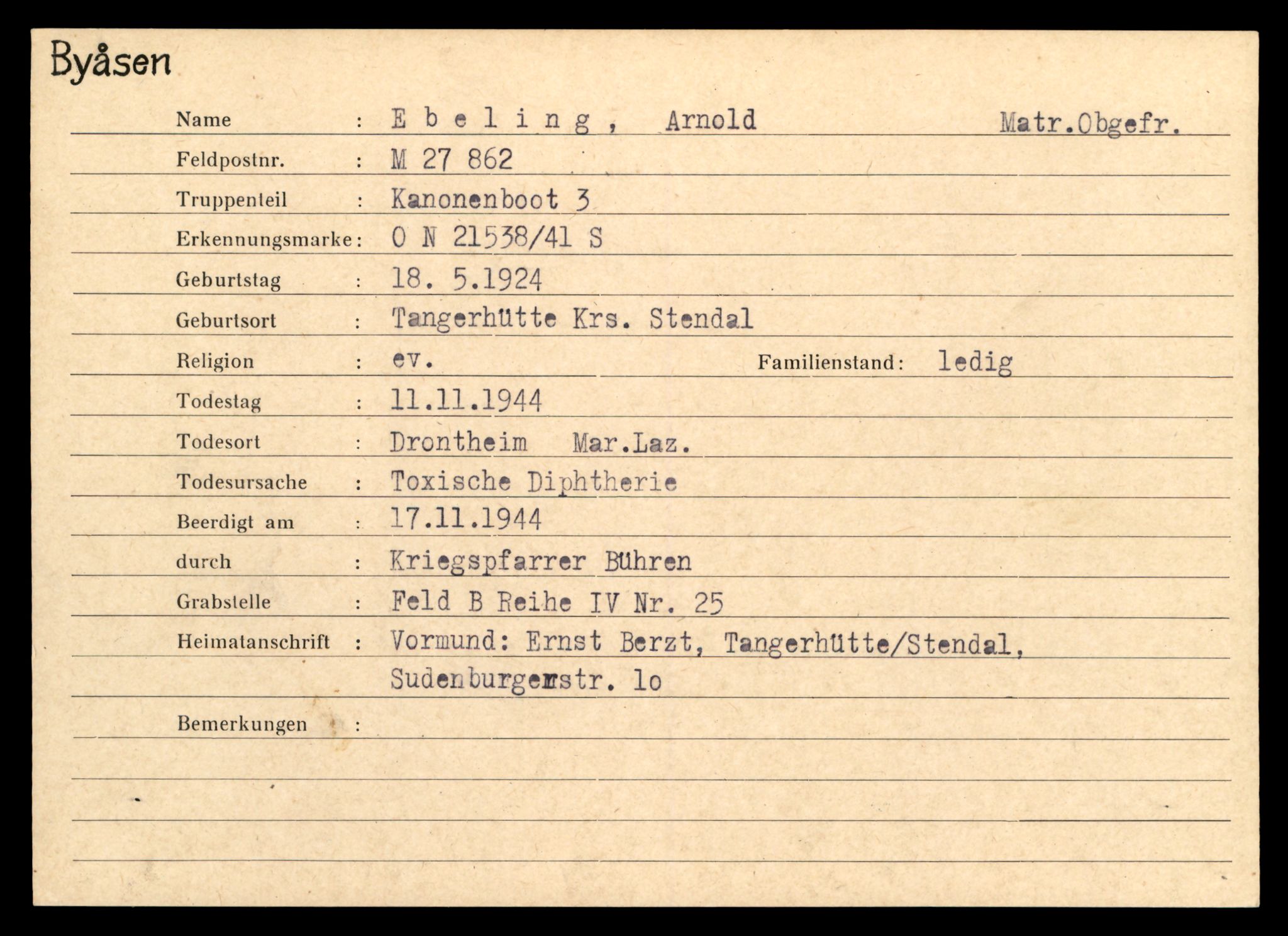 Distriktskontoret for krigsgraver, SAT/A-5030/E/L0004: Kasett/kartotek over tysk Krigskirkegård på Byåsen, 1945, s. 333