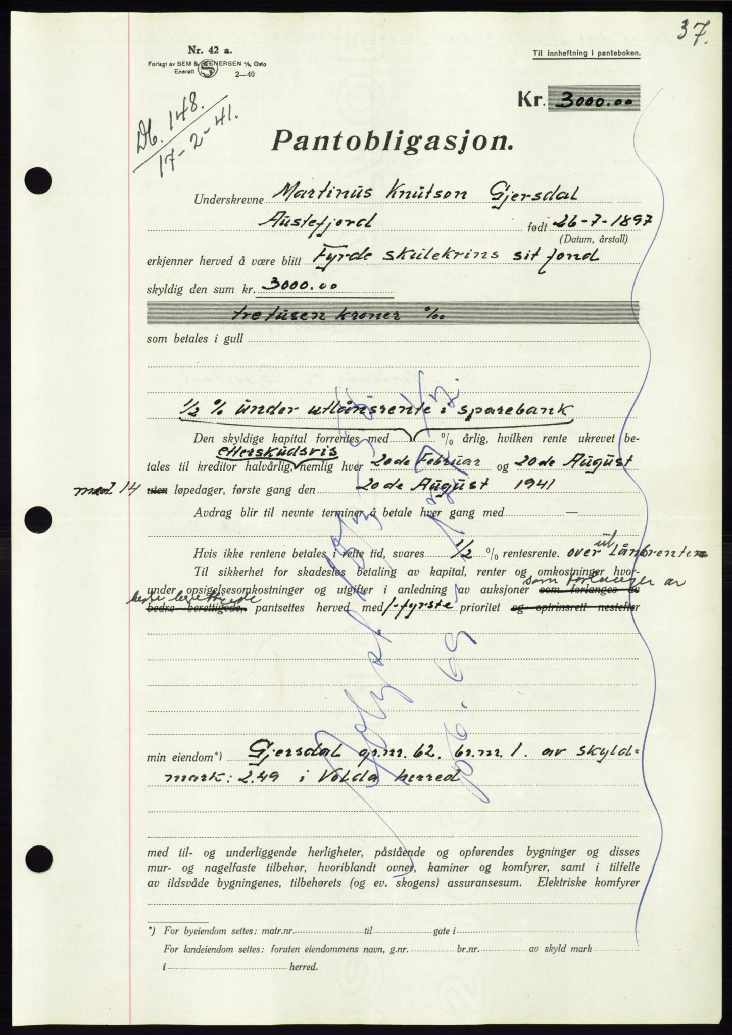 Søre Sunnmøre sorenskriveri, AV/SAT-A-4122/1/2/2C/L0071: Pantebok nr. 65, 1941-1941, Dagboknr: 148/1941