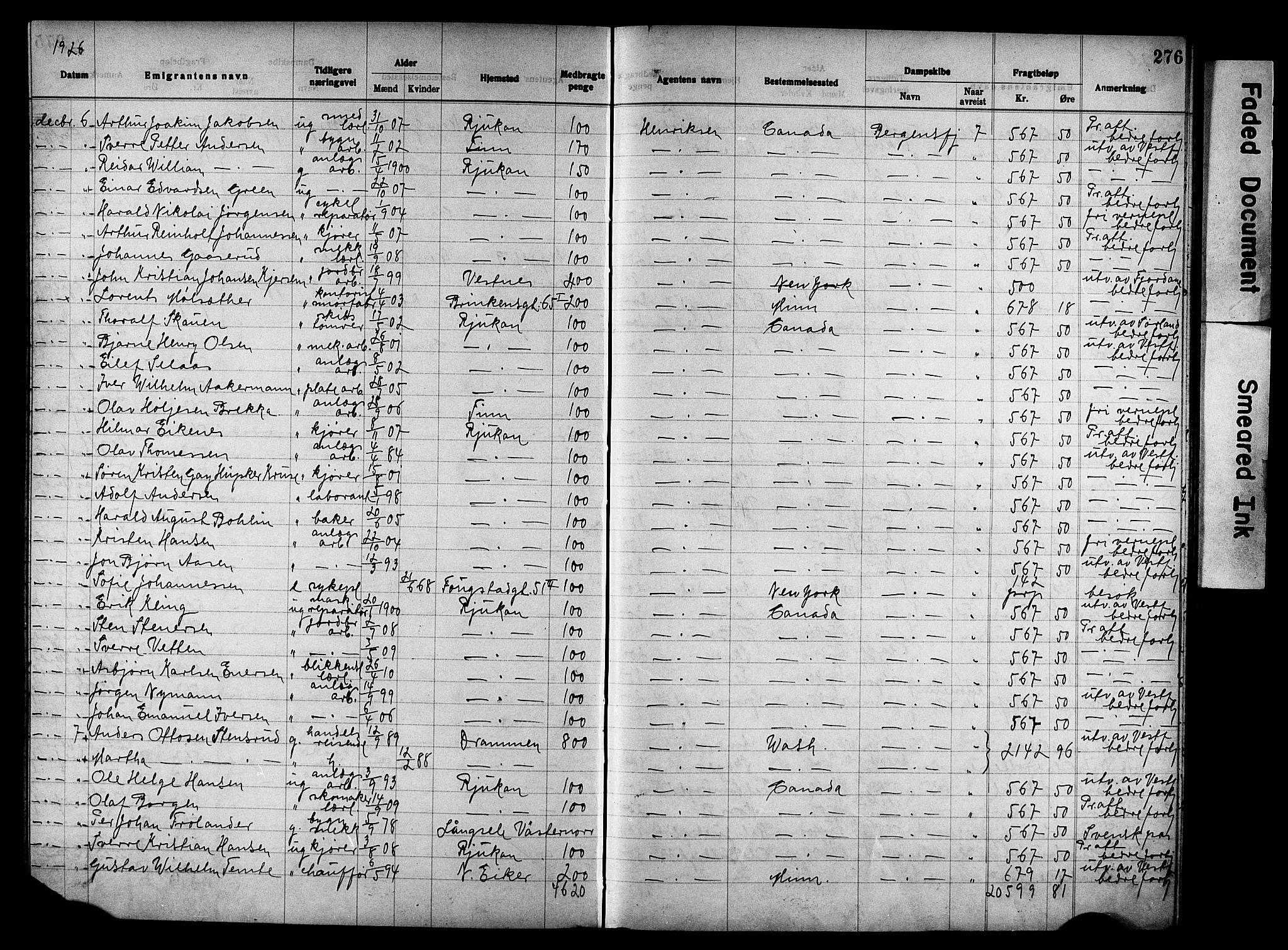 Oslo politidistrikt, AV/SAO-A-10085/E/Ee/Eef/L0035: Emigrantprotokoll, 1923-1927, s. 276