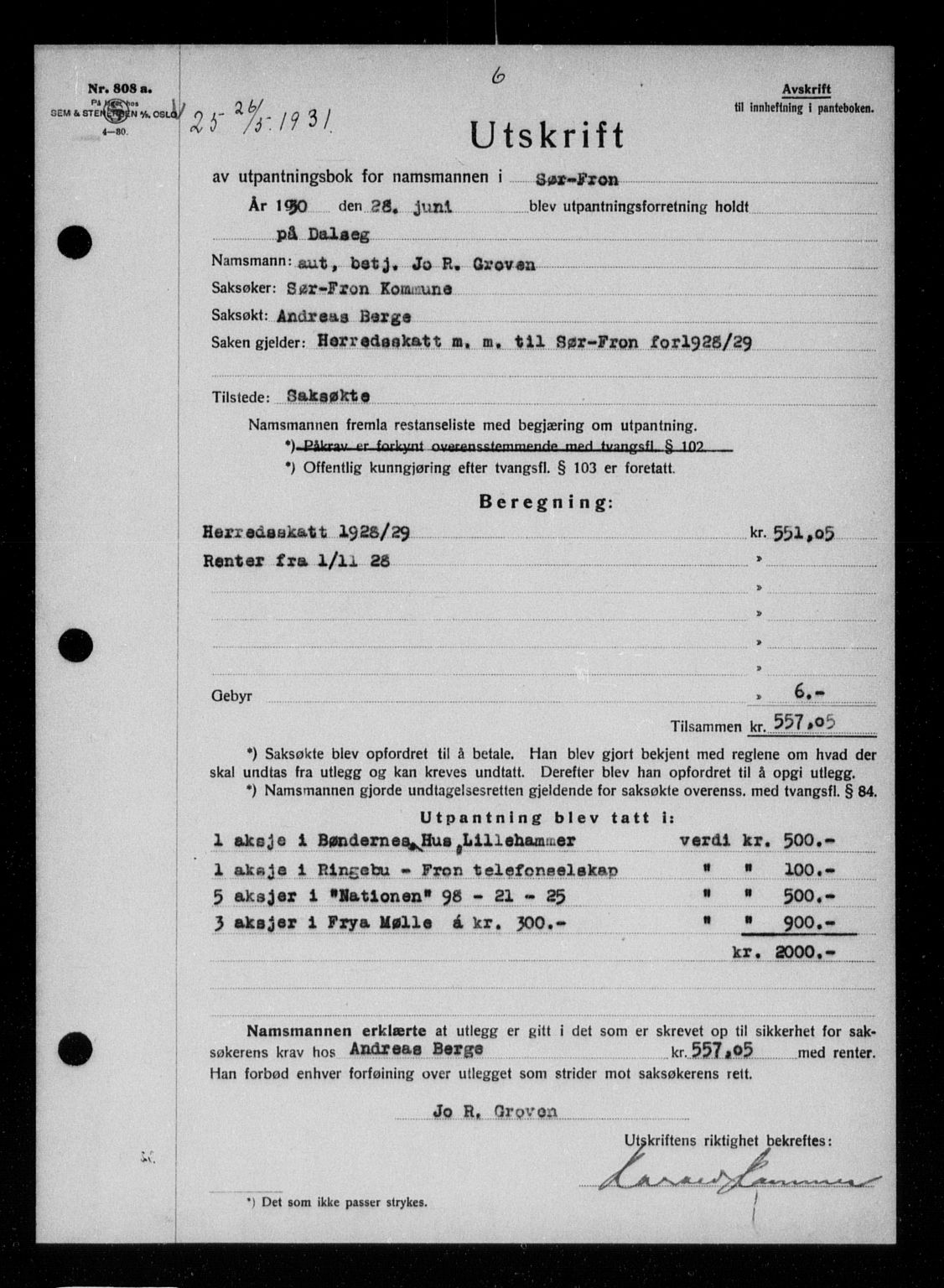 Sør-Gudbrandsdal tingrett, AV/SAH-TING-004/H/Hb/Hbb/L0022: Pantebok nr. II 22, 1931-1932, s. 6