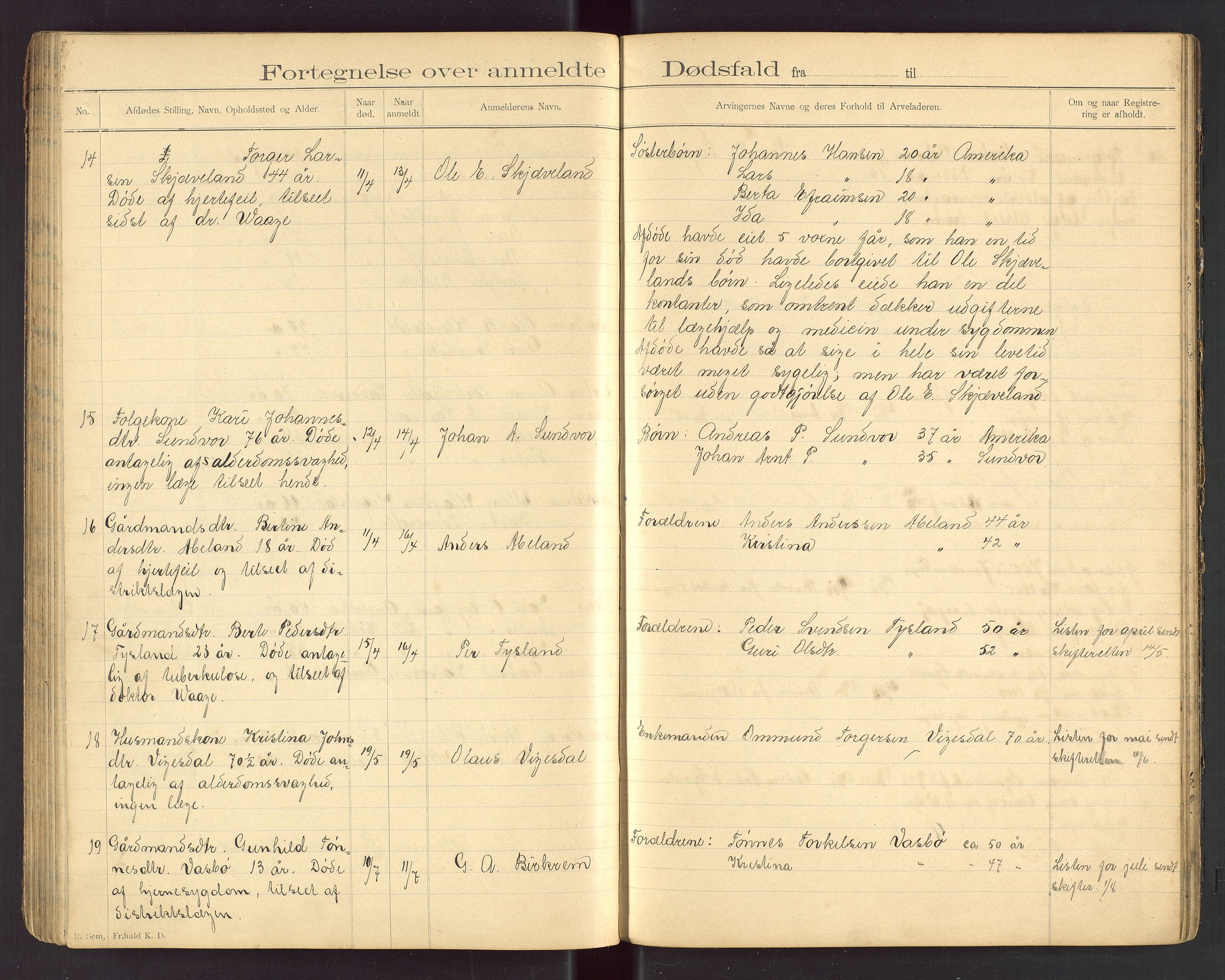 Bjerkreim lensmannskontor, AV/SAST-A-100090/Gga/L0001: "Fortegnelse over anmeldte Dødsfald i Birkrems Lendsmandsdistrikt", 1892-1915