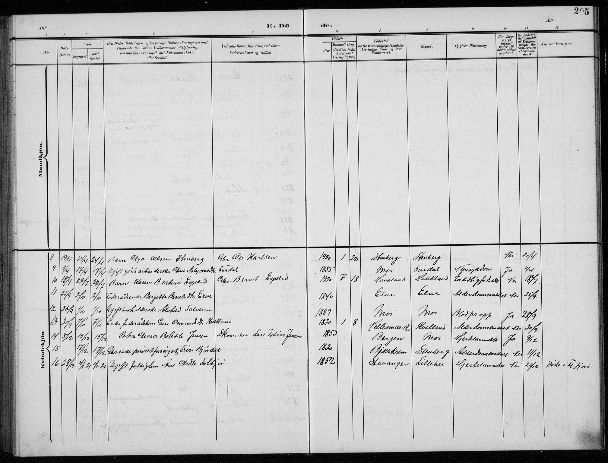 Lund sokneprestkontor, AV/SAST-A-101809/S07/L0008: Klokkerbok nr. B 8, 1902-1936, s. 205