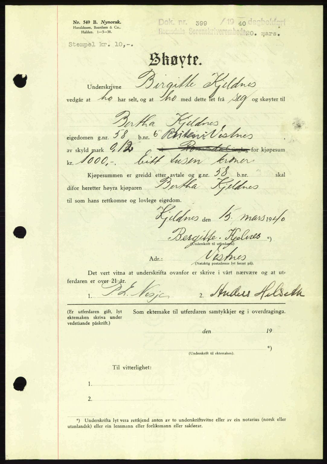 Romsdal sorenskriveri, AV/SAT-A-4149/1/2/2C: Pantebok nr. A8, 1939-1940, Dagboknr: 399/1940