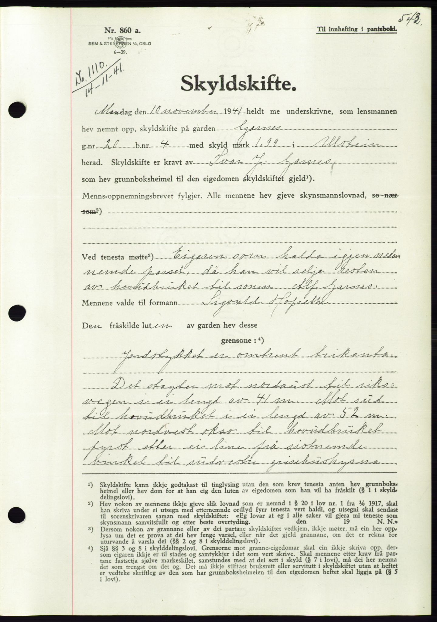 Søre Sunnmøre sorenskriveri, AV/SAT-A-4122/1/2/2C/L0071: Pantebok nr. 65, 1941-1941, Dagboknr: 1110/1941