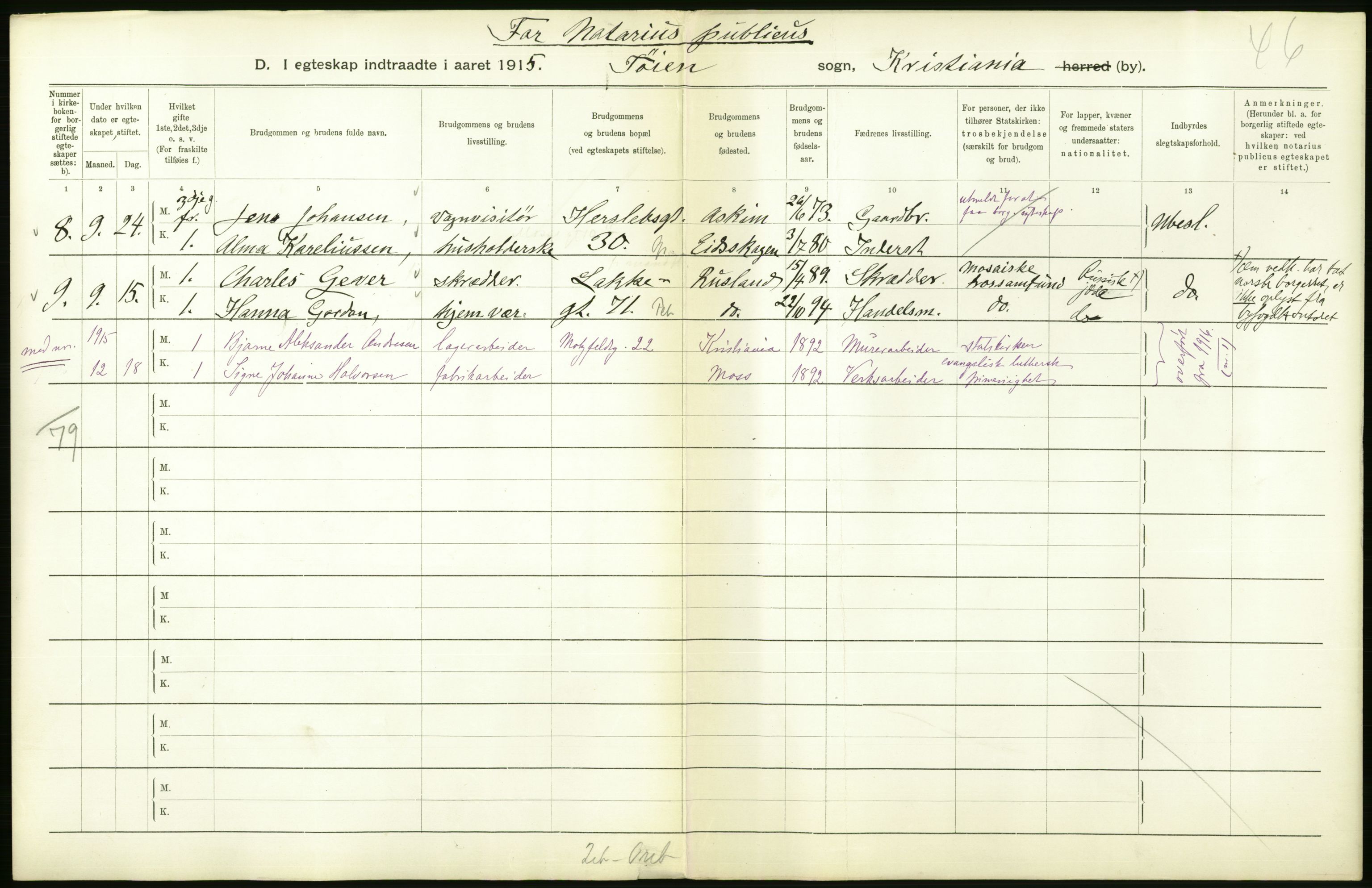 Statistisk sentralbyrå, Sosiodemografiske emner, Befolkning, AV/RA-S-2228/D/Df/Dfb/Dfbe/L0008: Kristiania: Gifte., 1915, s. 672