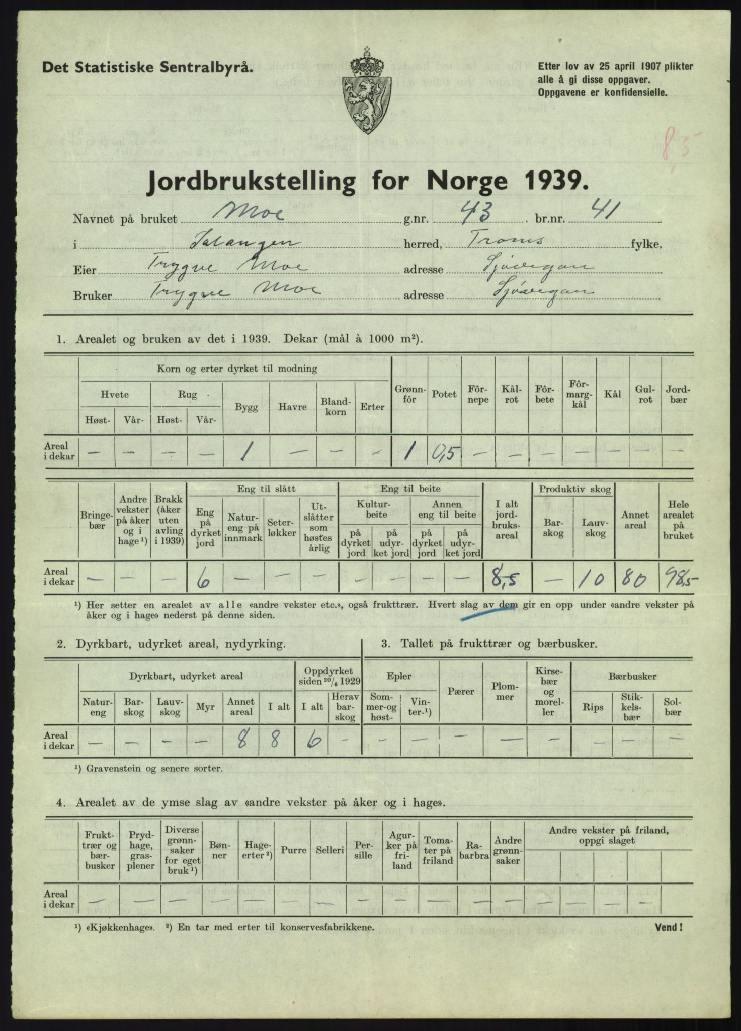 Statistisk sentralbyrå, Næringsøkonomiske emner, Jordbruk, skogbruk, jakt, fiske og fangst, AV/RA-S-2234/G/Gb/L0340: Troms: Salangen og Dyrøy, 1939, s. 149