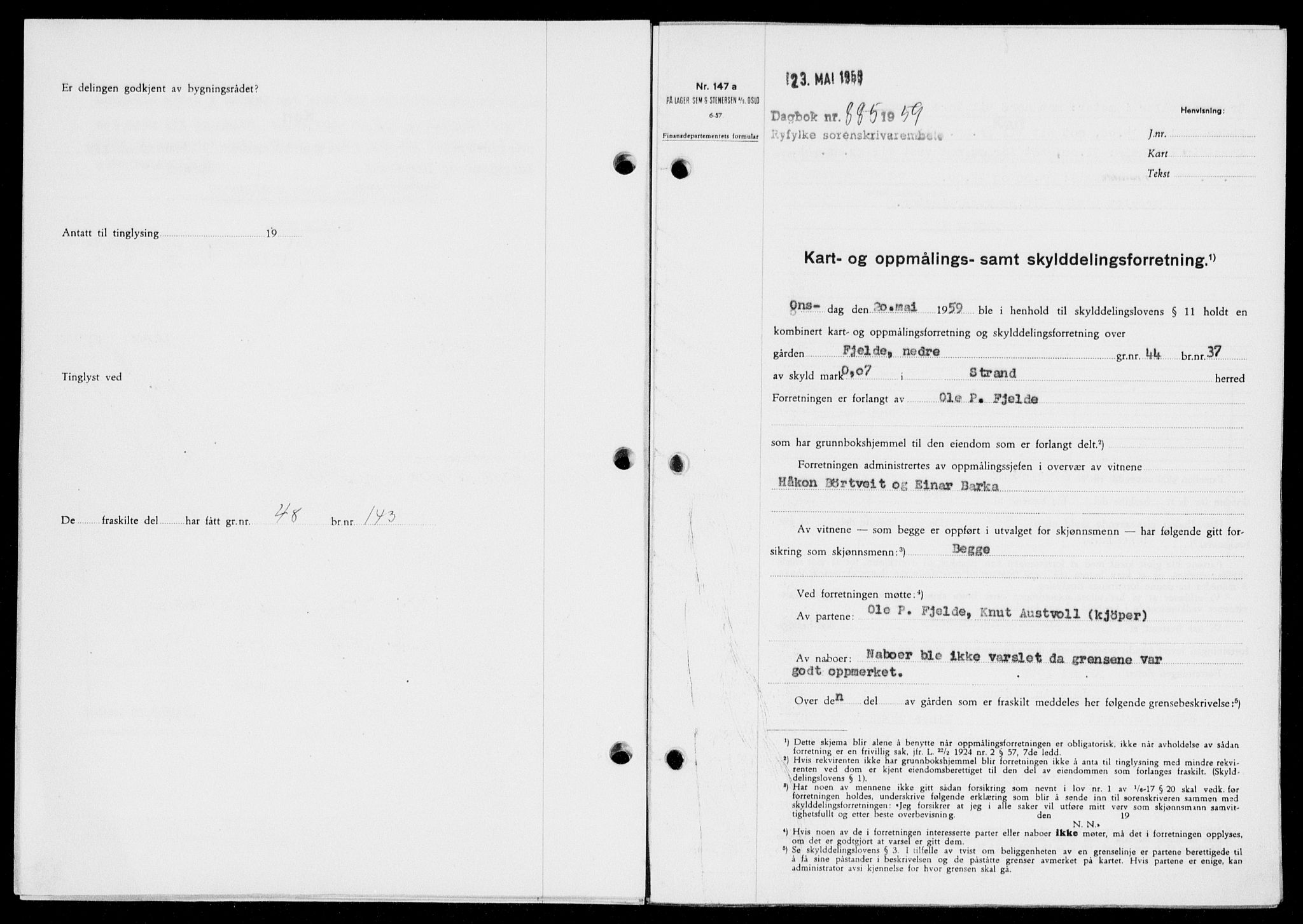 Ryfylke tingrett, SAST/A-100055/001/II/IIB/L0146: Pantebok nr. 125, 1965-1959, Dagboknr: 885/1959