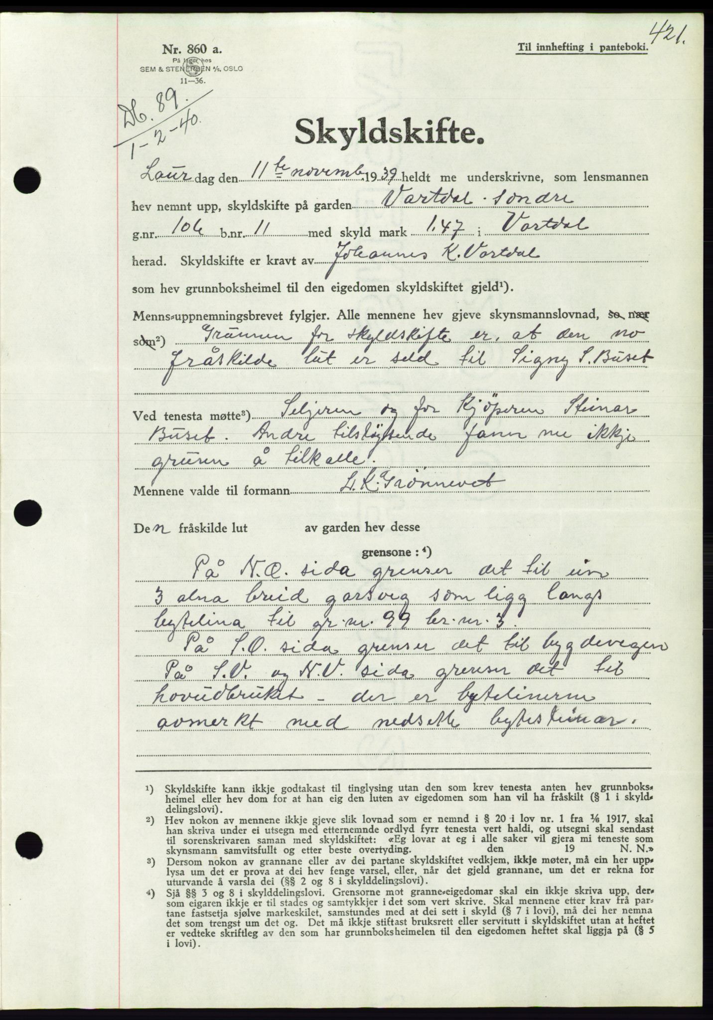 Søre Sunnmøre sorenskriveri, AV/SAT-A-4122/1/2/2C/L0069: Pantebok nr. 63, 1939-1940, Dagboknr: 89/1940