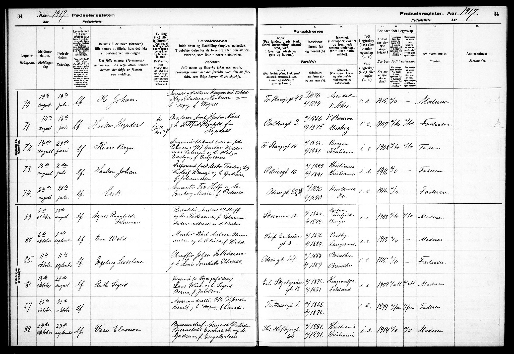 Frogner prestekontor Kirkebøker, SAO/A-10886/J/Ja/L0001: Fødselsregister nr. 1, 1916-1927, s. 34