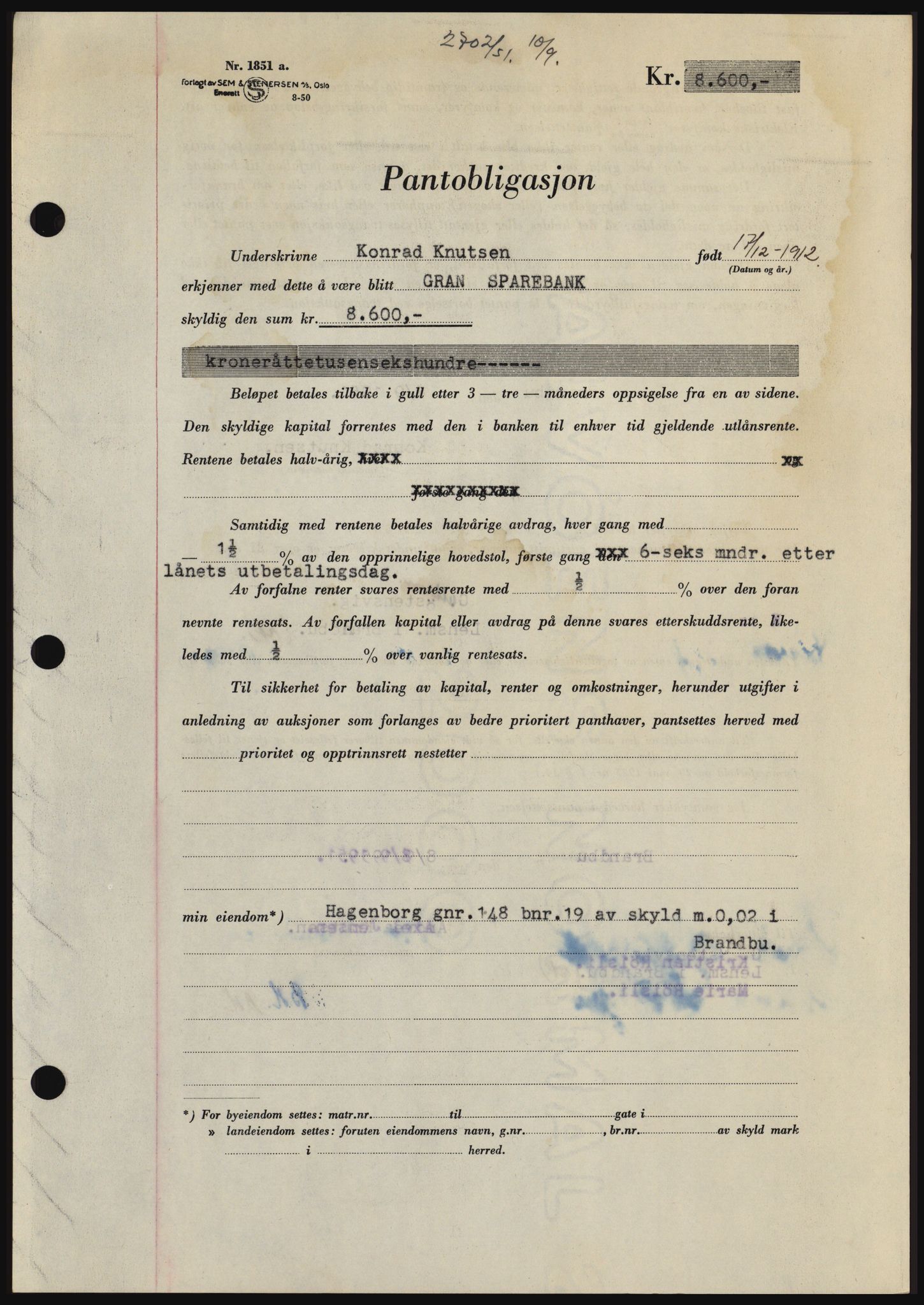 Hadeland og Land tingrett, SAH/TING-010/H/Hb/Hbc/L0022: Pantebok nr. B22, 1951-1951, Dagboknr: 2702/1951