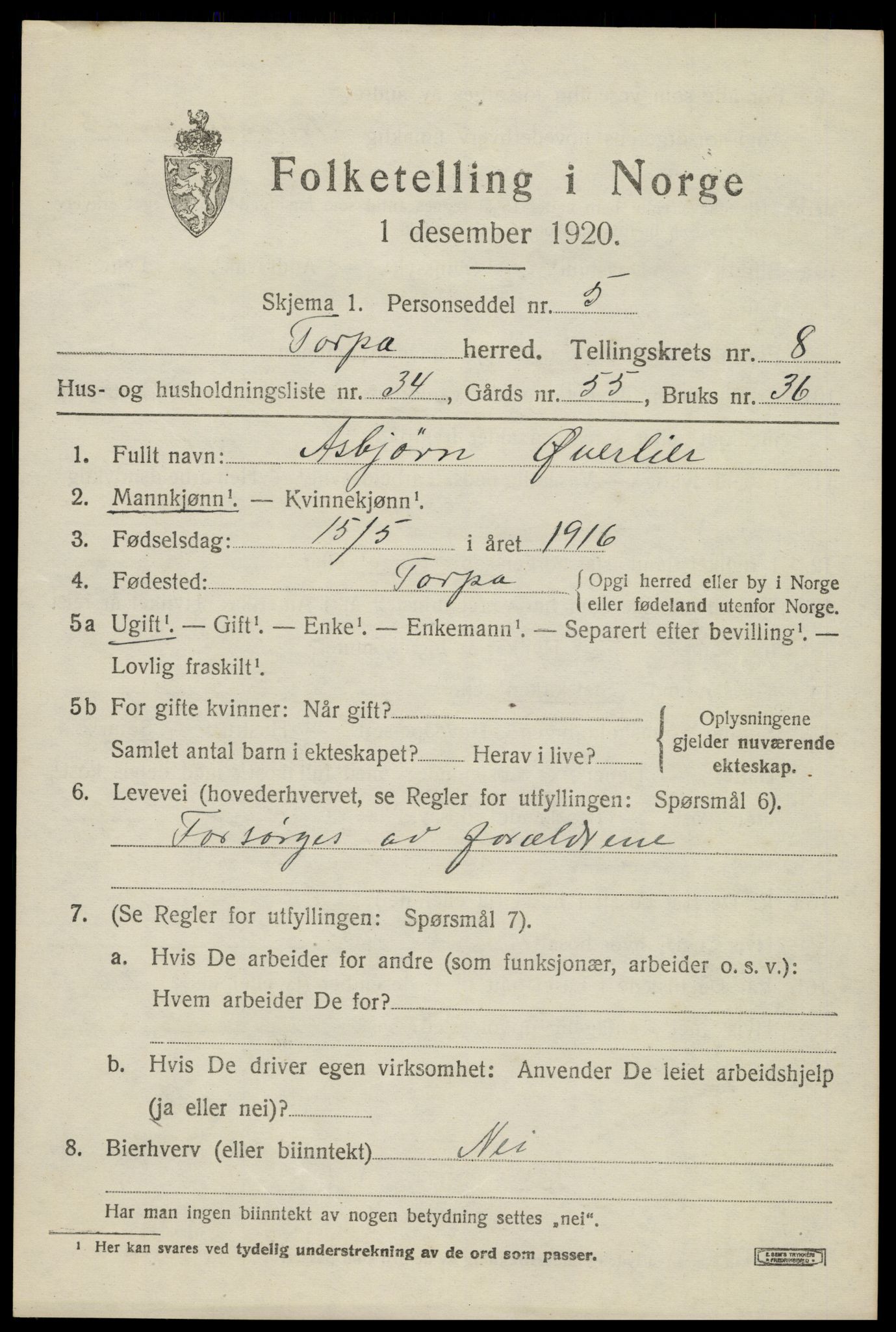 SAH, Folketelling 1920 for 0539 Torpa herred, 1920, s. 4941