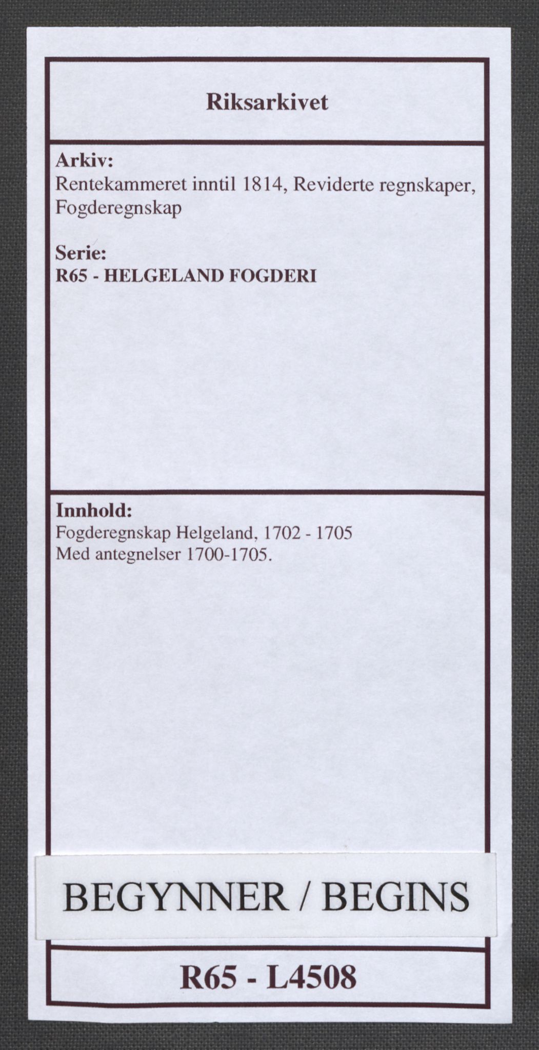 Rentekammeret inntil 1814, Reviderte regnskaper, Fogderegnskap, RA/EA-4092/R65/L4508: Fogderegnskap Helgeland, 1702-1705, s. 1