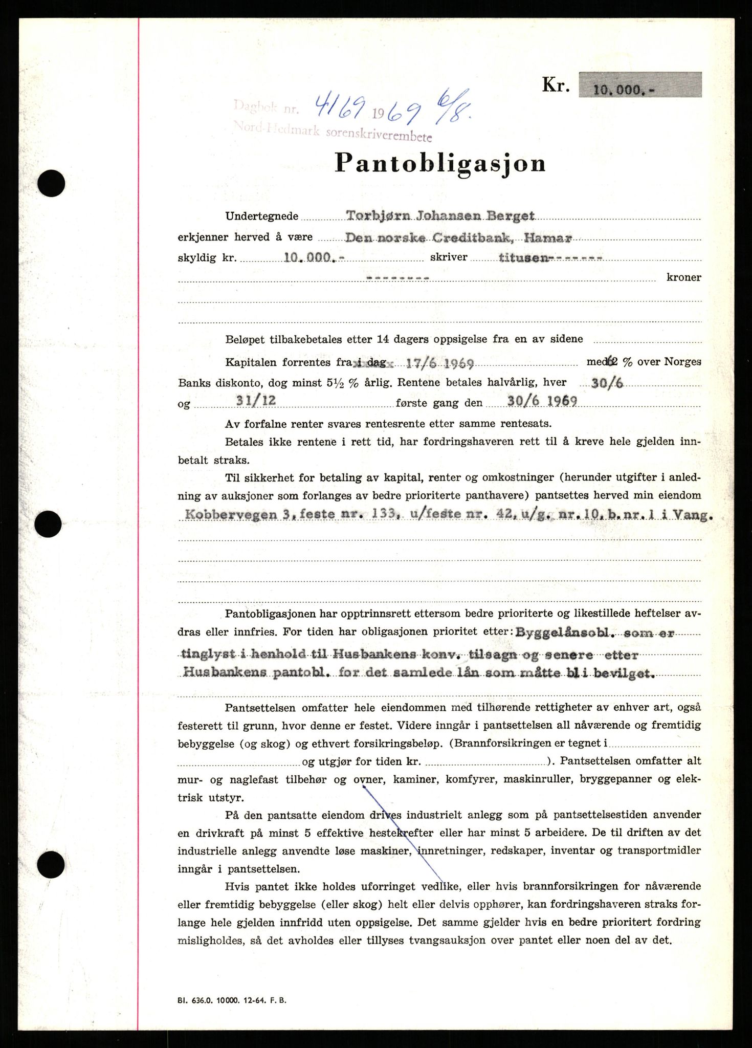 Nord-Hedmark sorenskriveri, SAH/TING-012/H/Hb/Hbf/L0080: Pantebok nr. B80, 1969-1969, Dagboknr: 4169/1969