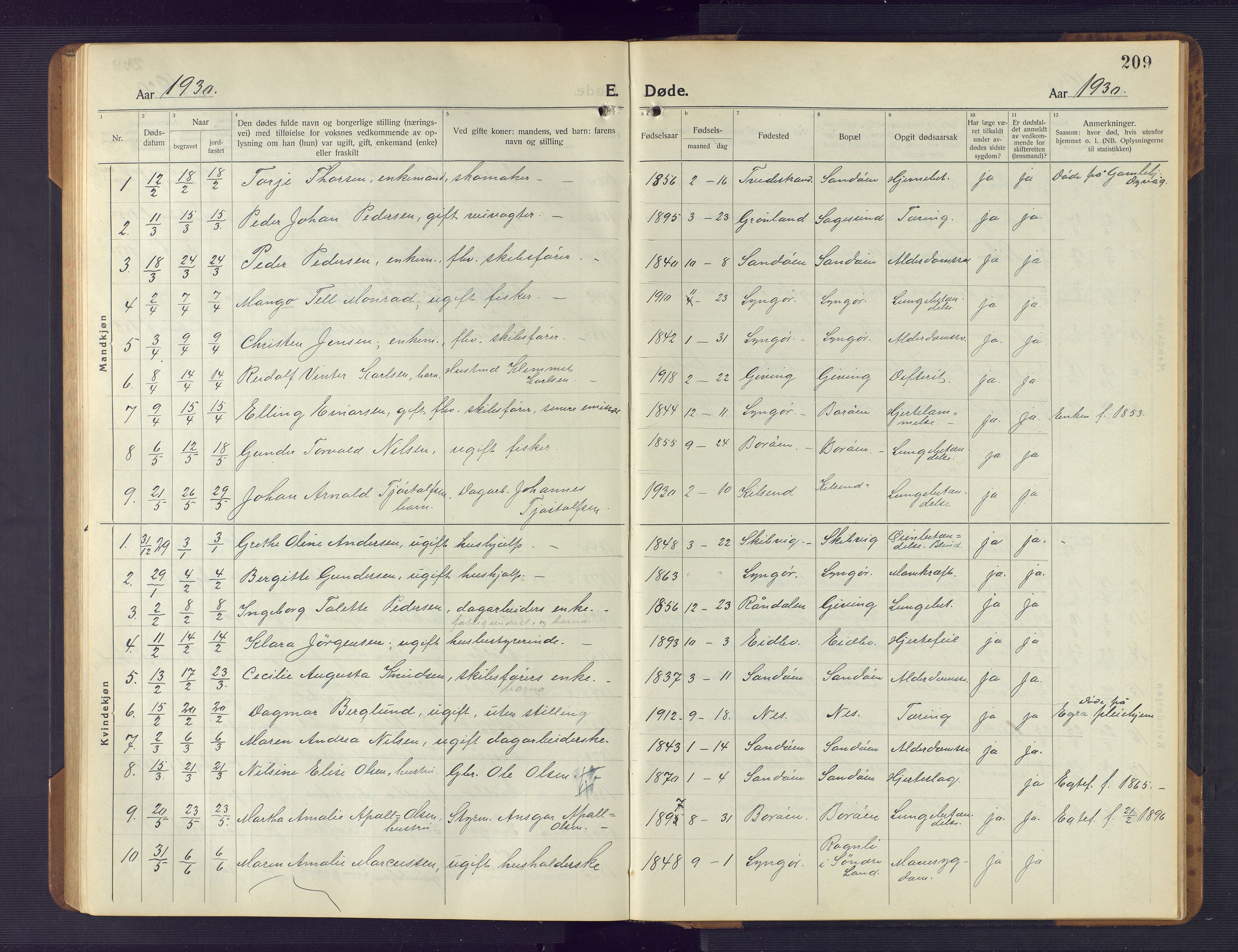 Dypvåg sokneprestkontor, AV/SAK-1111-0007/F/Fb/Fba/L0015: Klokkerbok nr. B 15, 1922-1949, s. 209