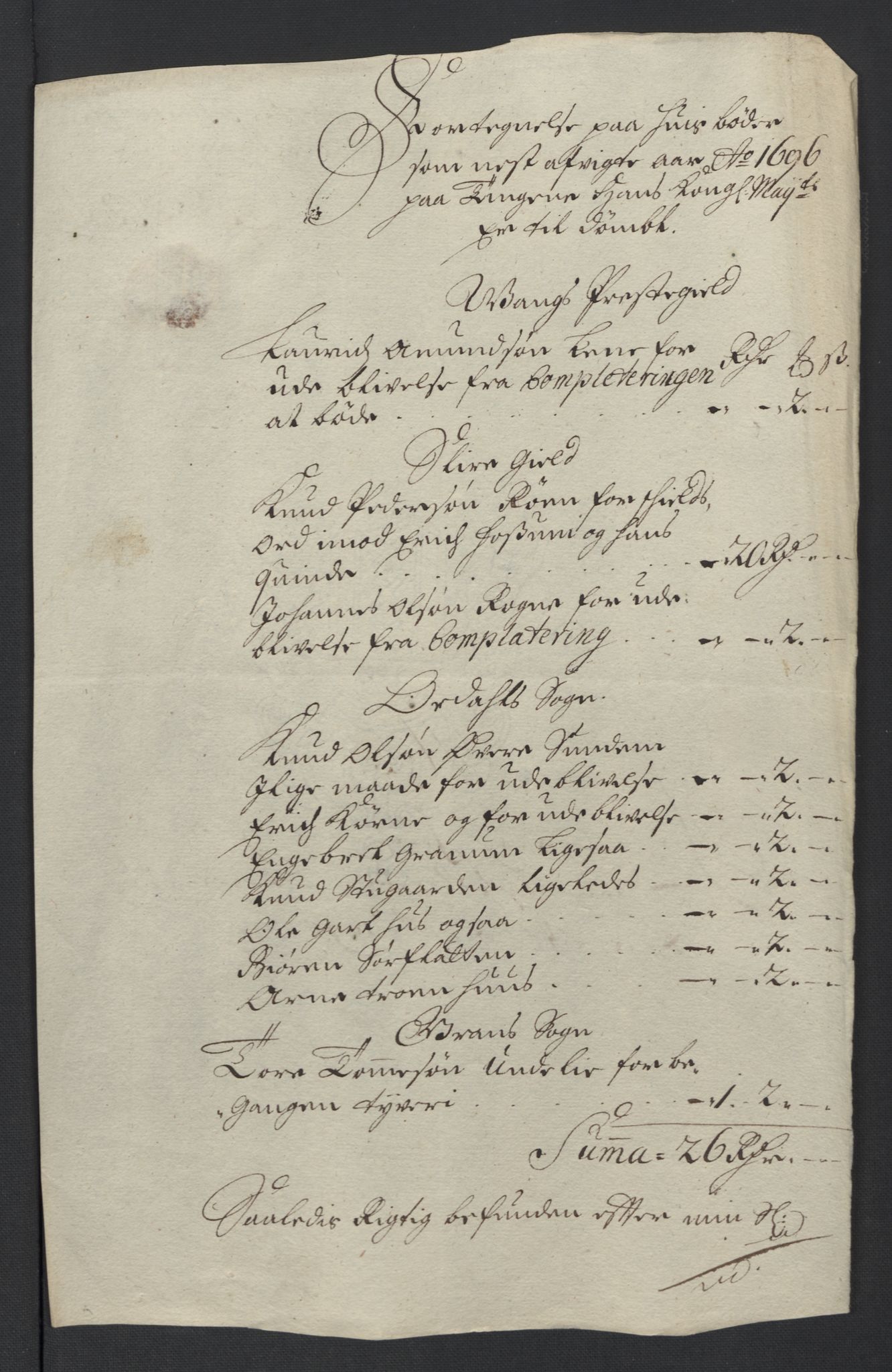 Rentekammeret inntil 1814, Reviderte regnskaper, Fogderegnskap, RA/EA-4092/R18/L1294: Fogderegnskap Hadeland, Toten og Valdres, 1696, s. 61