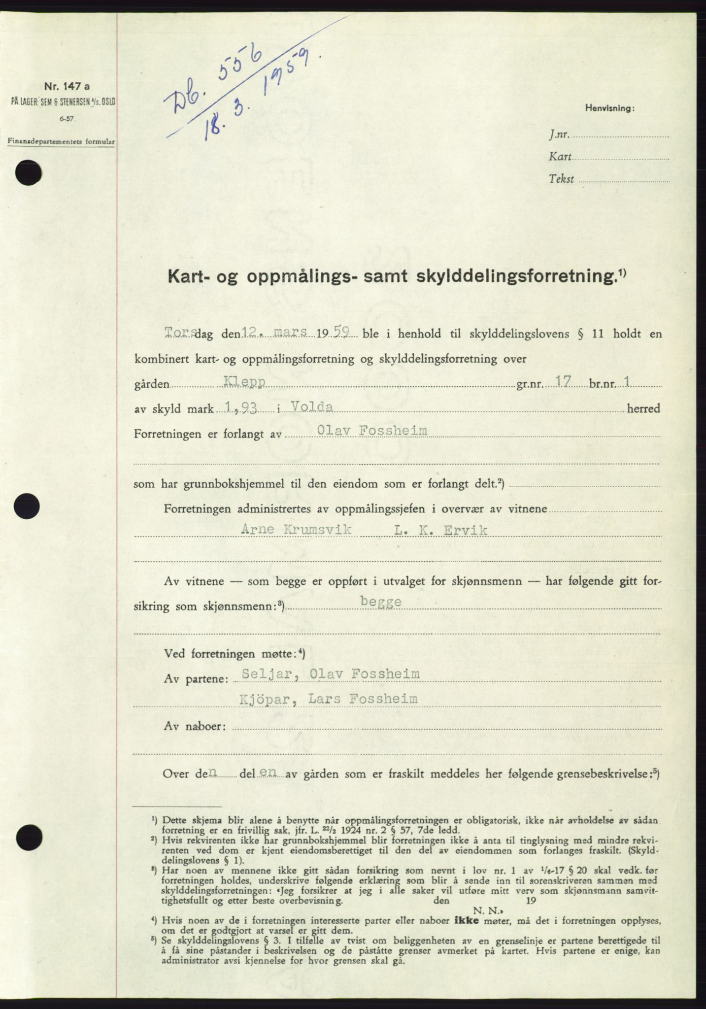 Søre Sunnmøre sorenskriveri, SAT/A-4122/1/2/2C/L0112: Pantebok nr. 38A, 1959-1959, Dagboknr: 556/1959