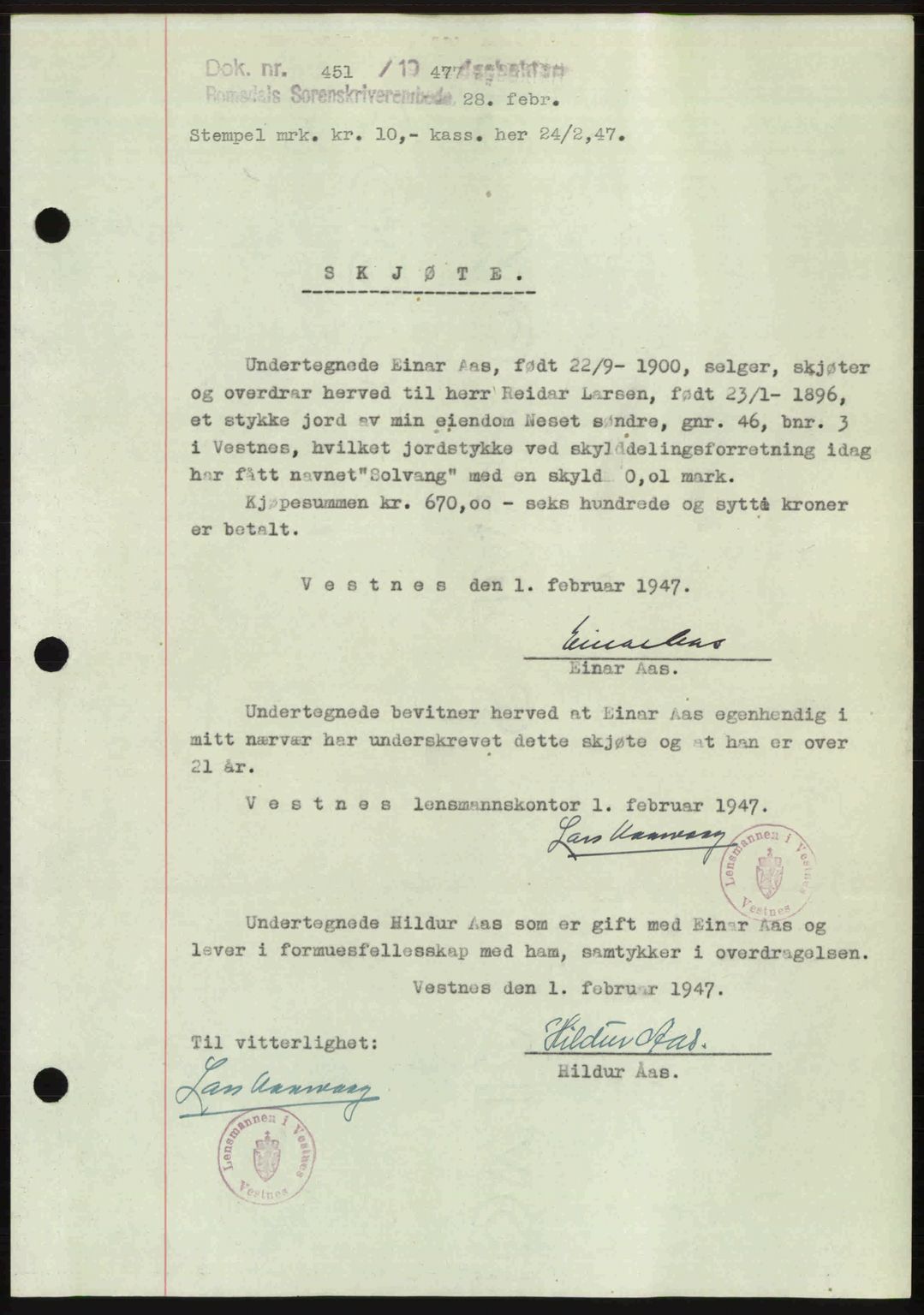 Romsdal sorenskriveri, SAT/A-4149/1/2/2C: Pantebok nr. A22, 1947-1947, Dagboknr: 451/1947