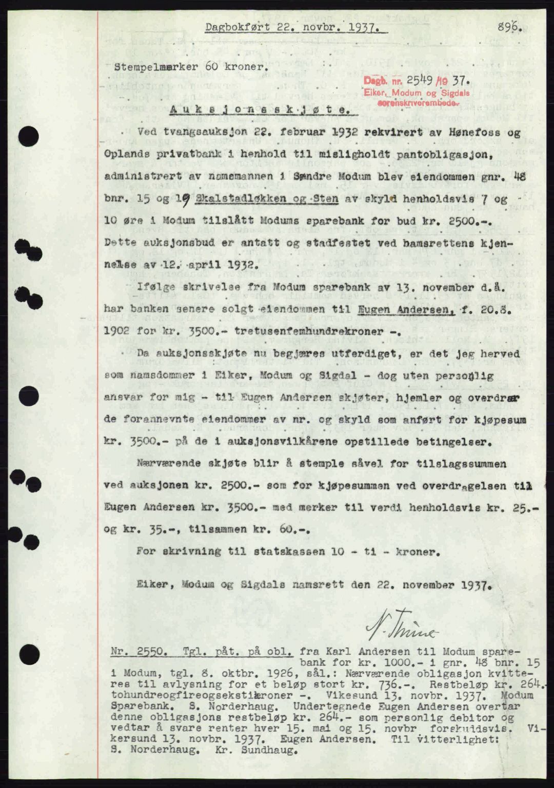 Eiker, Modum og Sigdal sorenskriveri, SAKO/A-123/G/Ga/Gab/L0036: Pantebok nr. A6, 1937-1937, Dagboknr: 2549/1937