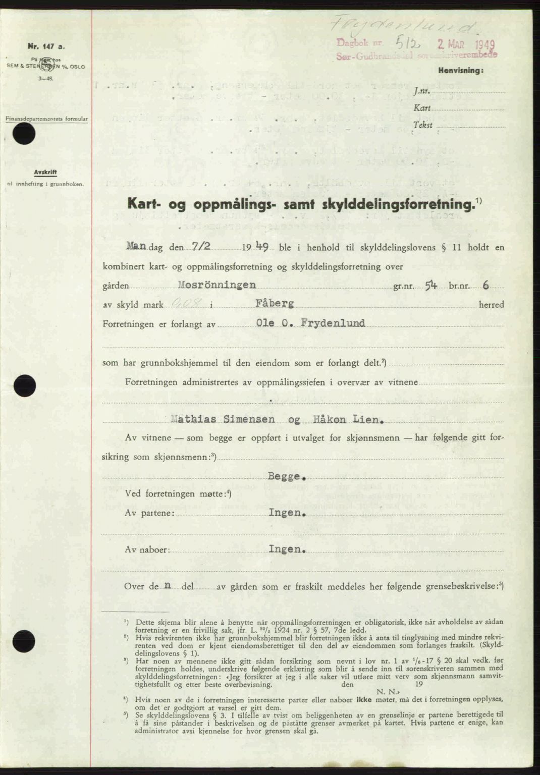 Sør-Gudbrandsdal tingrett, SAH/TING-004/H/Hb/Hbd/L0024: Pantebok nr. A24, 1948-1949, Dagboknr: 512/1949