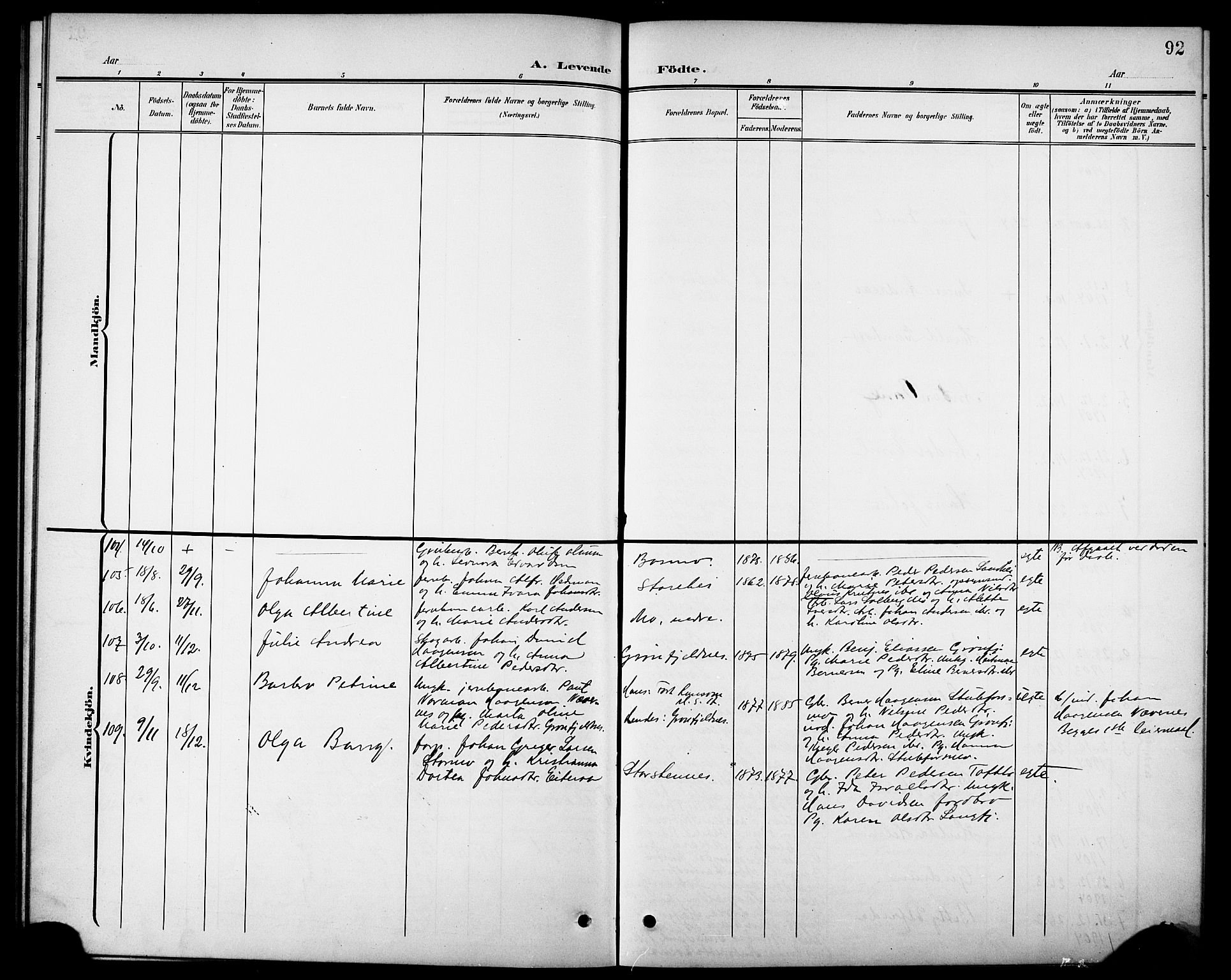 Ministerialprotokoller, klokkerbøker og fødselsregistre - Nordland, AV/SAT-A-1459/827/L0422: Klokkerbok nr. 827C11, 1899-1912, s. 92