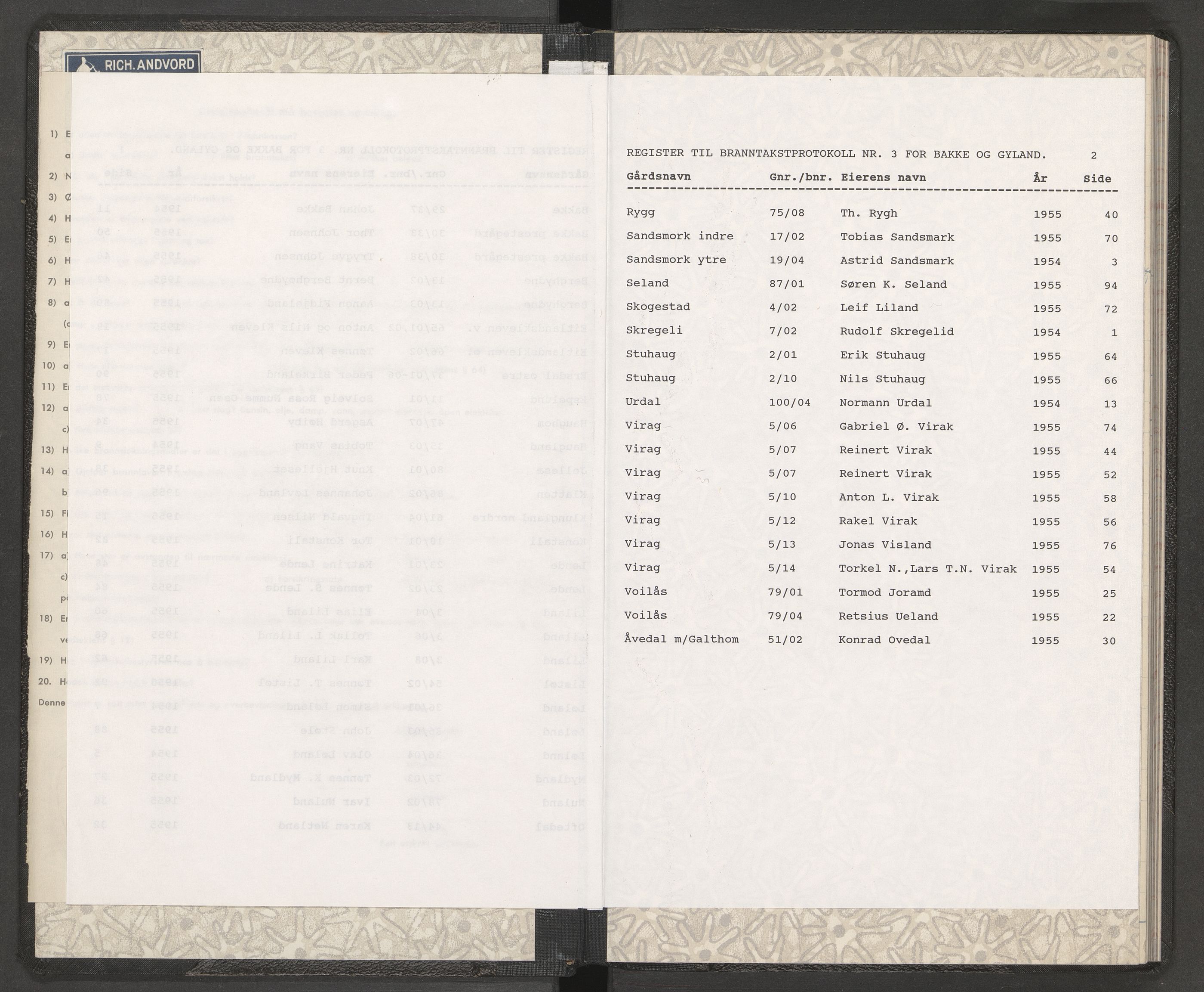 Norges Brannkasse Bakke og Gyland, AV/SAK-2241-0003/F/Fa/L0004: Branntakstprotokoll nr. 3 med gårdsnavnregister, 1954-1955