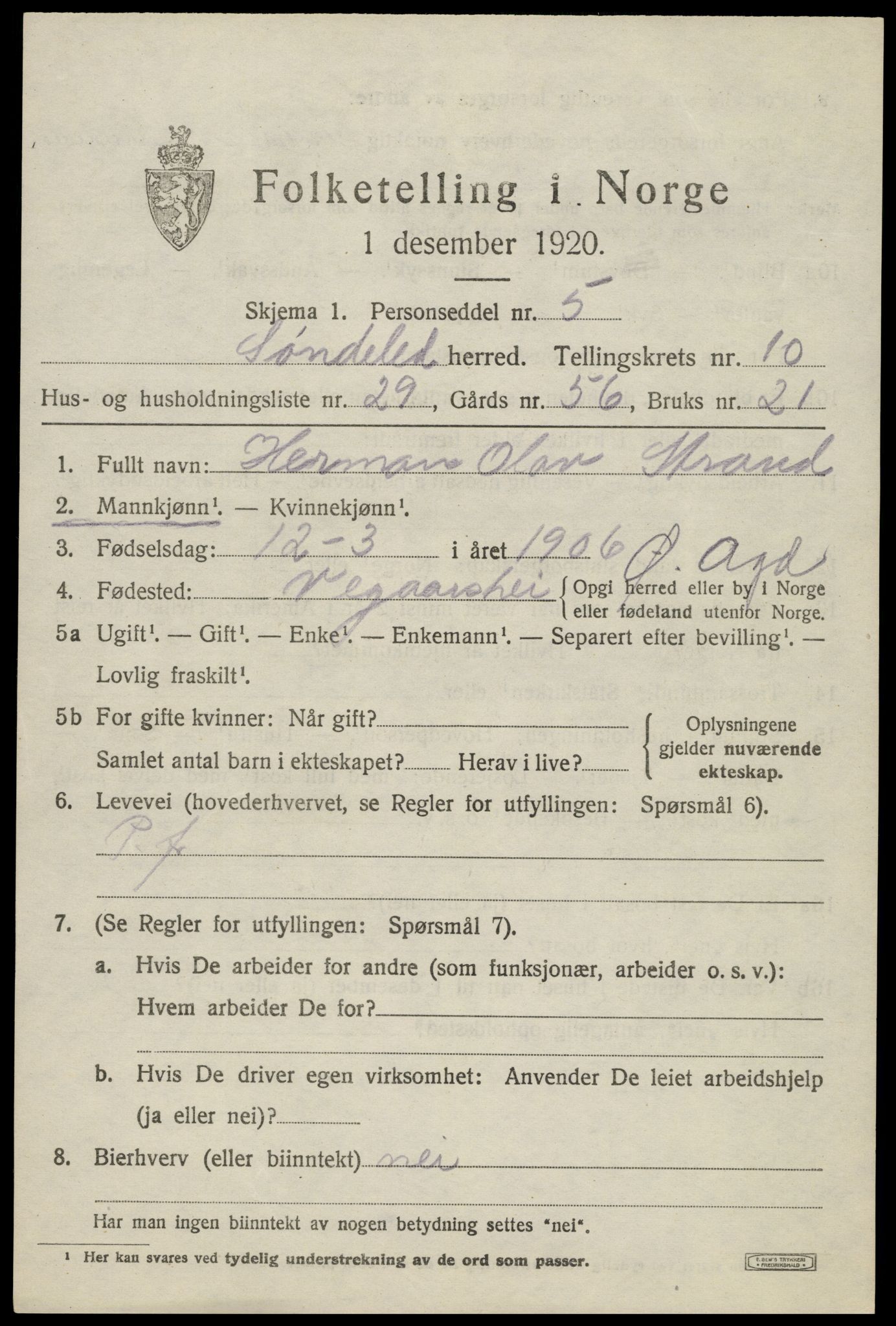 SAK, Folketelling 1920 for 0913 Søndeled herred, 1920, s. 5287