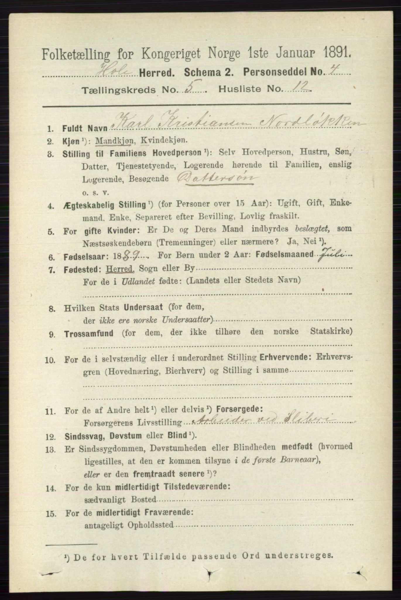 RA, Folketelling 1891 for 0612 Hole herred, 1891, s. 2584