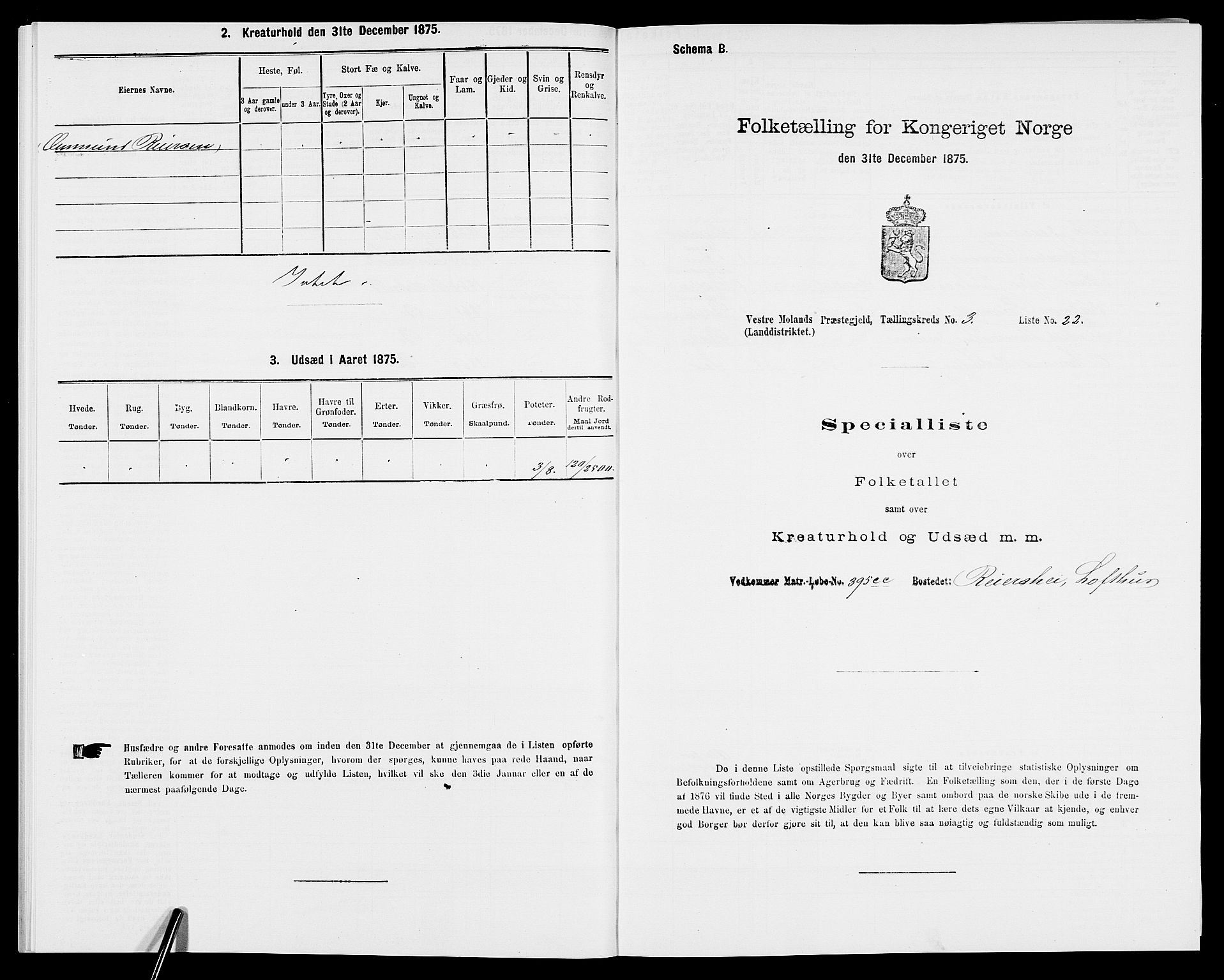 SAK, Folketelling 1875 for 0926L Vestre Moland prestegjeld, Vestre Moland sokn, 1875, s. 435