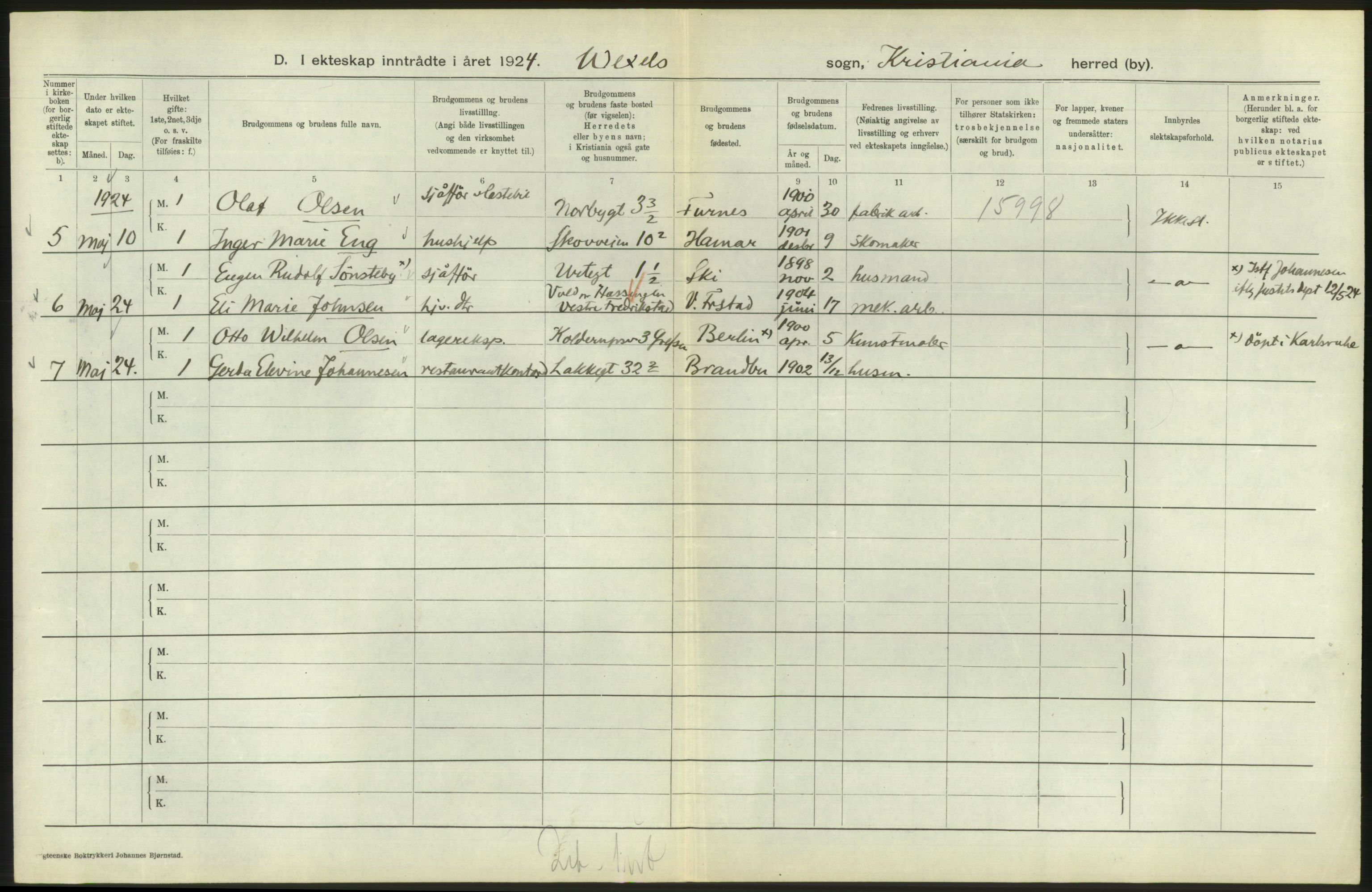 Statistisk sentralbyrå, Sosiodemografiske emner, Befolkning, AV/RA-S-2228/D/Df/Dfc/Dfcd/L0007: Kristiania: Gifte, 1924, s. 740