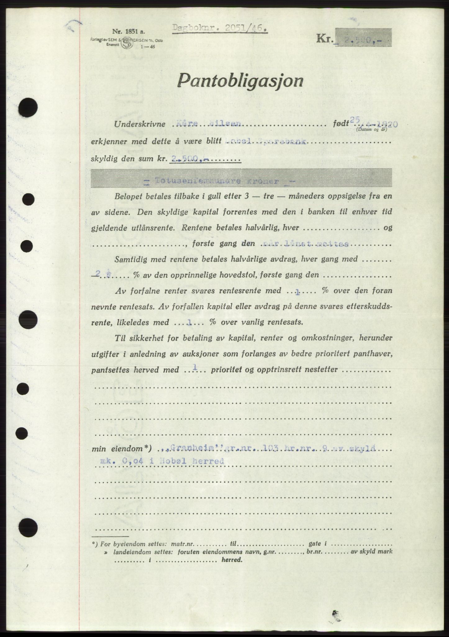 Moss sorenskriveri, SAO/A-10168: Pantebok nr. B15, 1946-1946, Dagboknr: 2051/1946