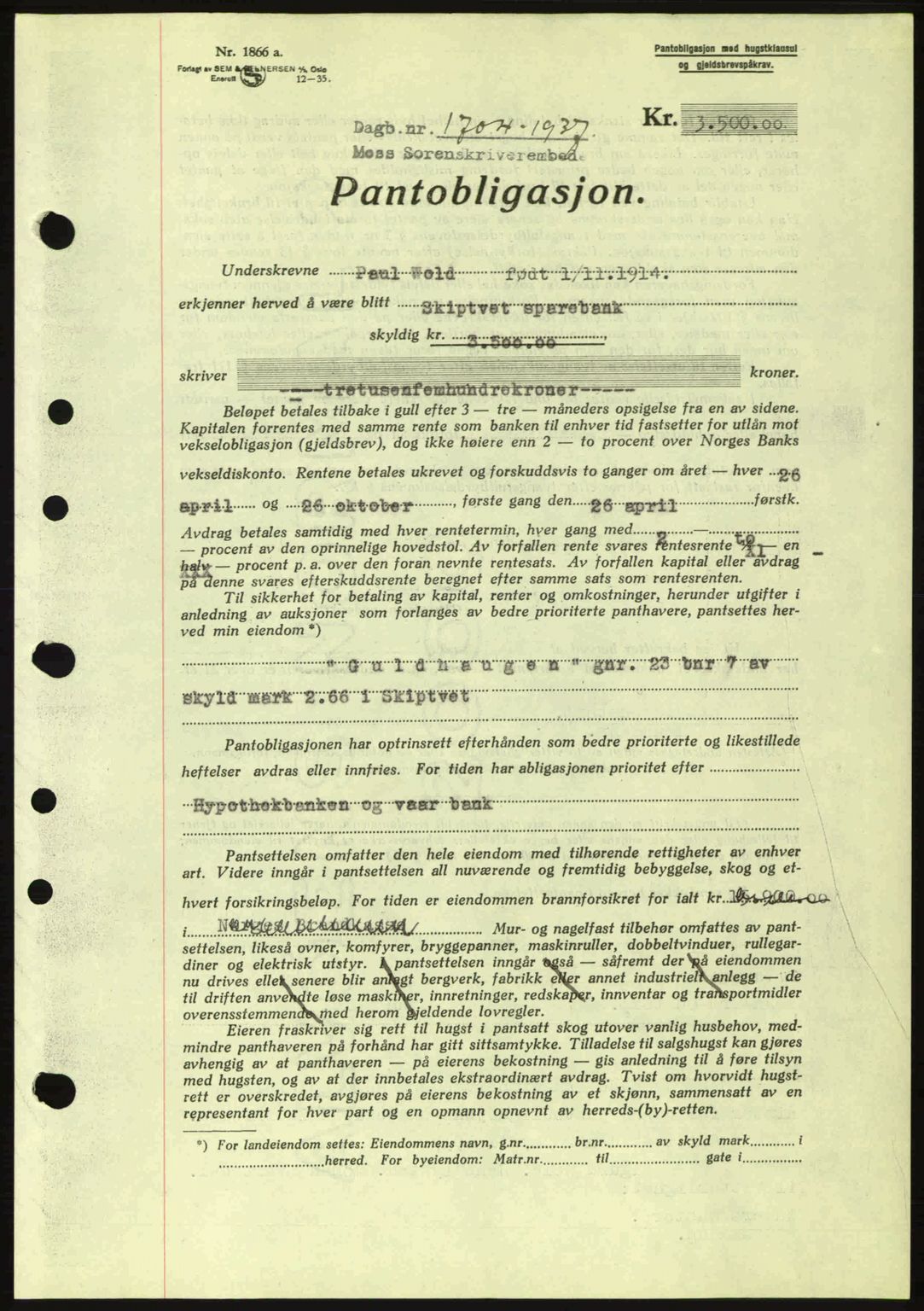 Moss sorenskriveri, SAO/A-10168: Pantebok nr. B4, 1937-1938, Dagboknr: 1704/1937