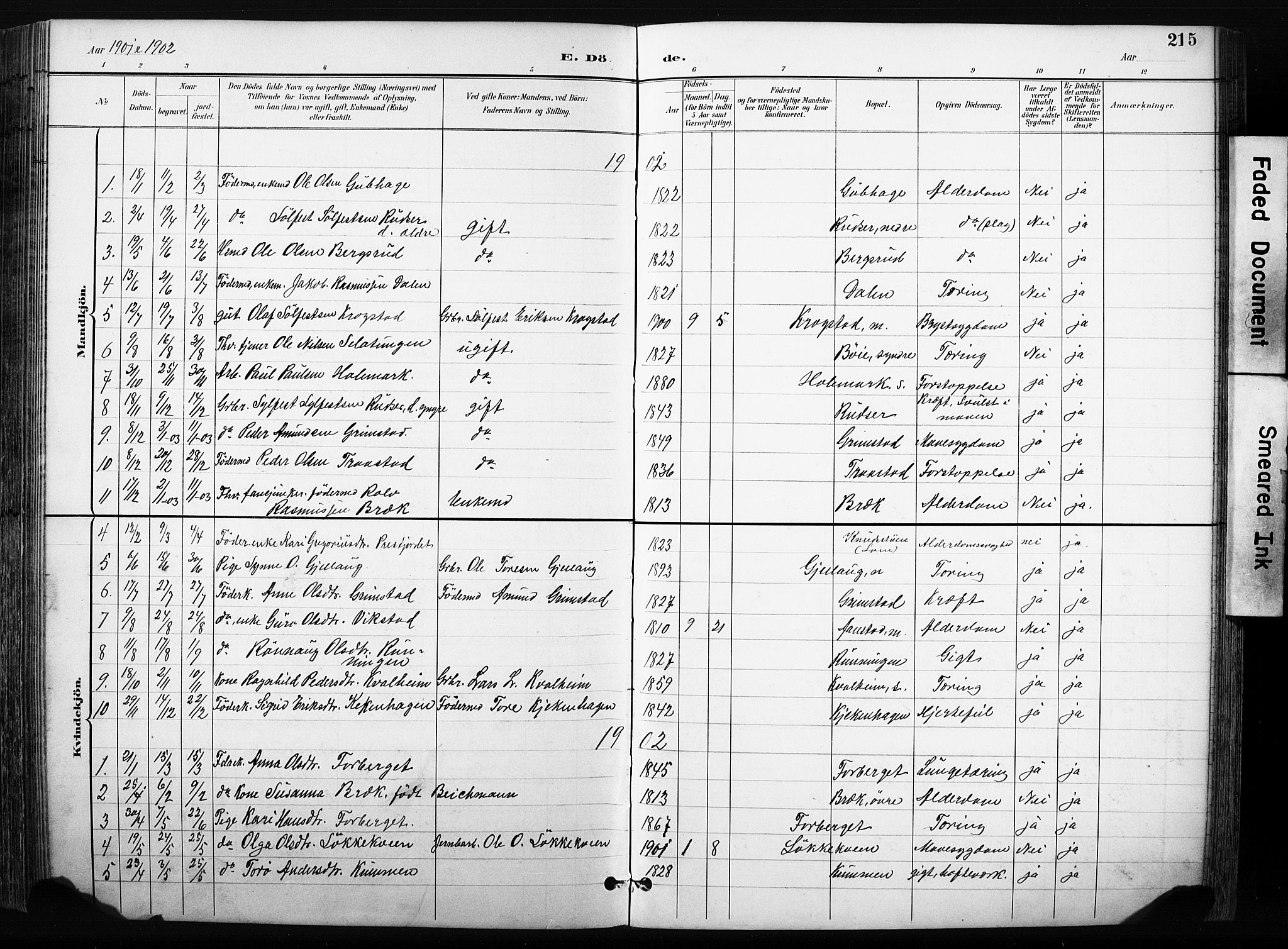 Skjåk prestekontor, AV/SAH-PREST-072/H/Ha/Hab/L0003: Klokkerbok nr. 3, 1893-1932, s. 215