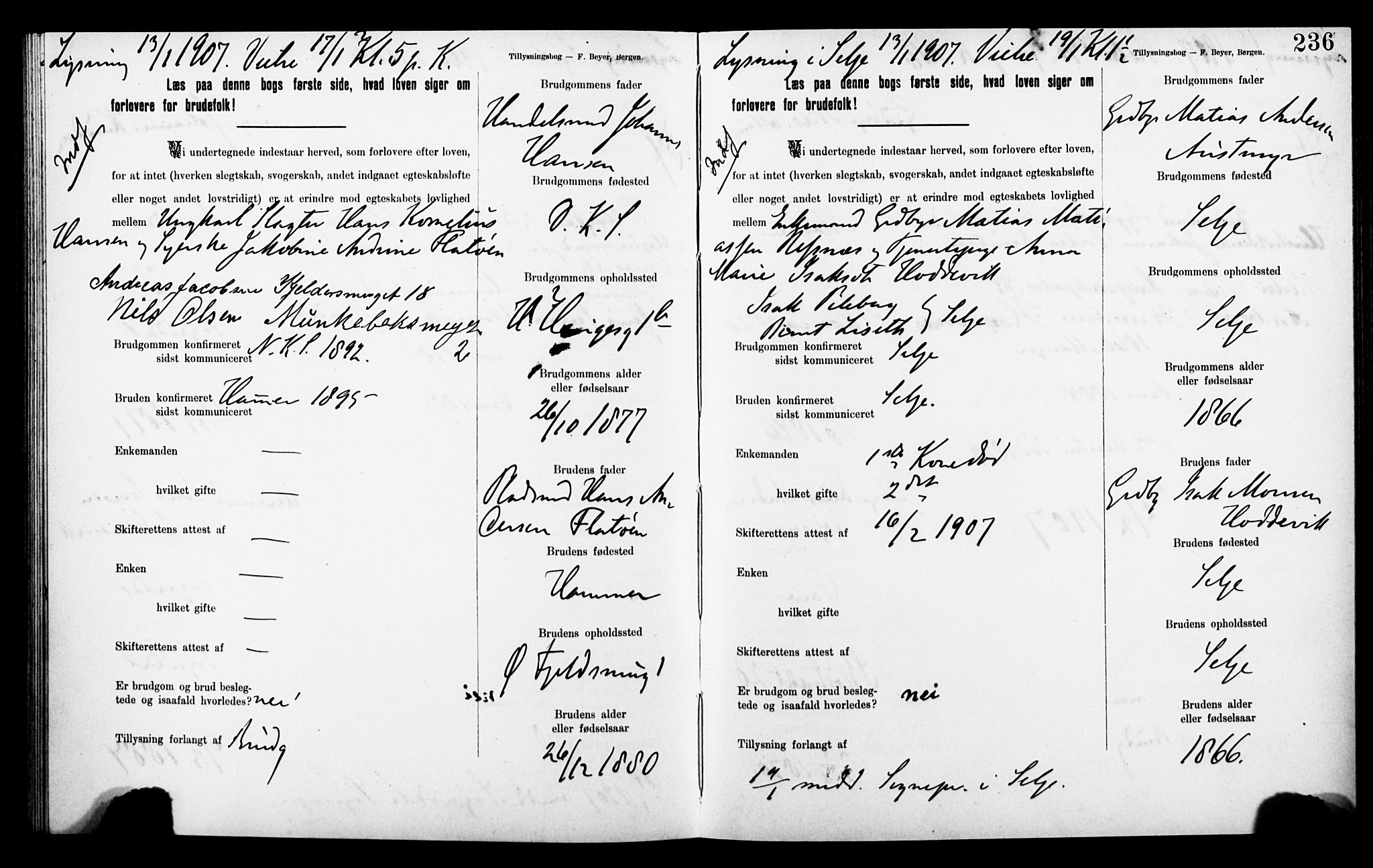 Korskirken sokneprestembete, SAB/A-76101: Forlovererklæringer nr. II.5.8, 1903-1908, s. 236
