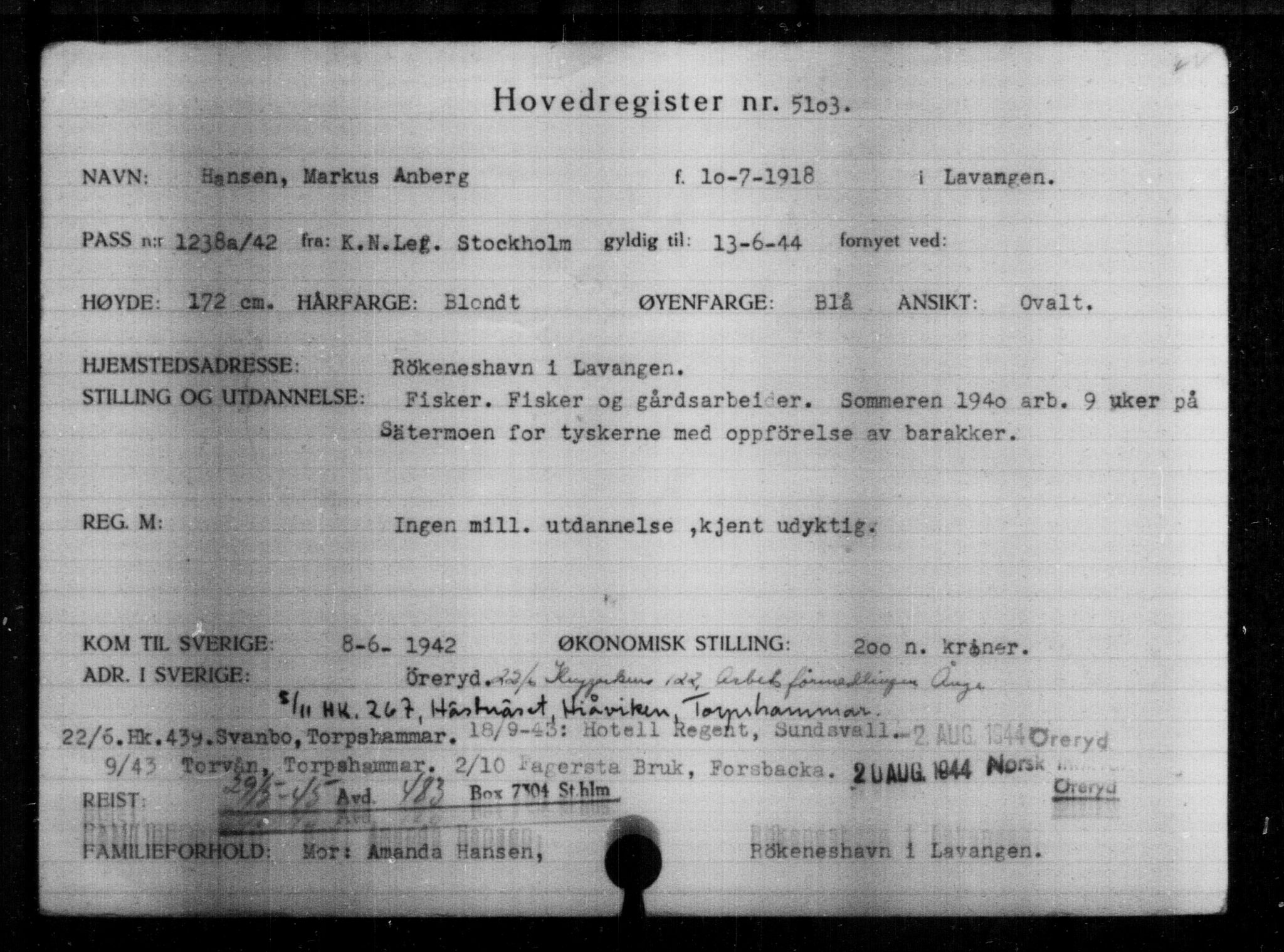Den Kgl. Norske Legasjons Flyktningskontor, AV/RA-S-6753/V/Va/L0004: Kjesäterkartoteket.  Flyktningenr. 3496-6610, 1940-1945, s. 1896