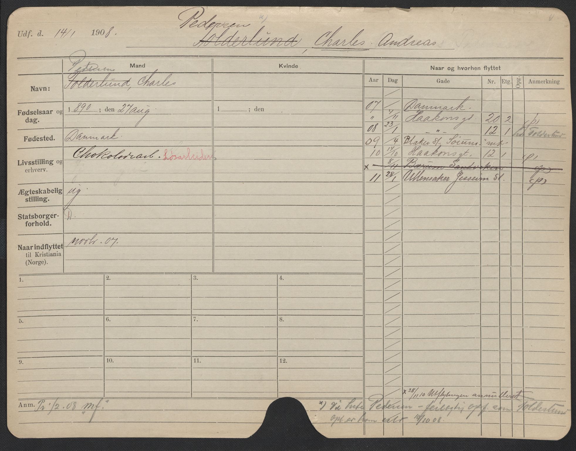 Oslo folkeregister, Registerkort, SAO/A-11715/F/Fa/Fac/L0009: Menn, 1906-1914, s. 101a