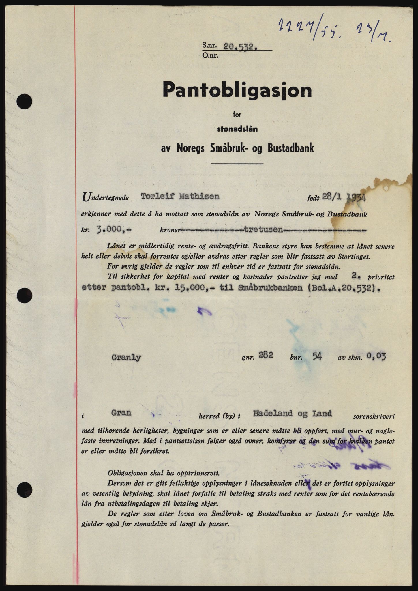 Hadeland og Land tingrett, SAH/TING-010/H/Hb/Hbc/L0032: Pantebok nr. B32, 1955-1955, Dagboknr: 2227/1955