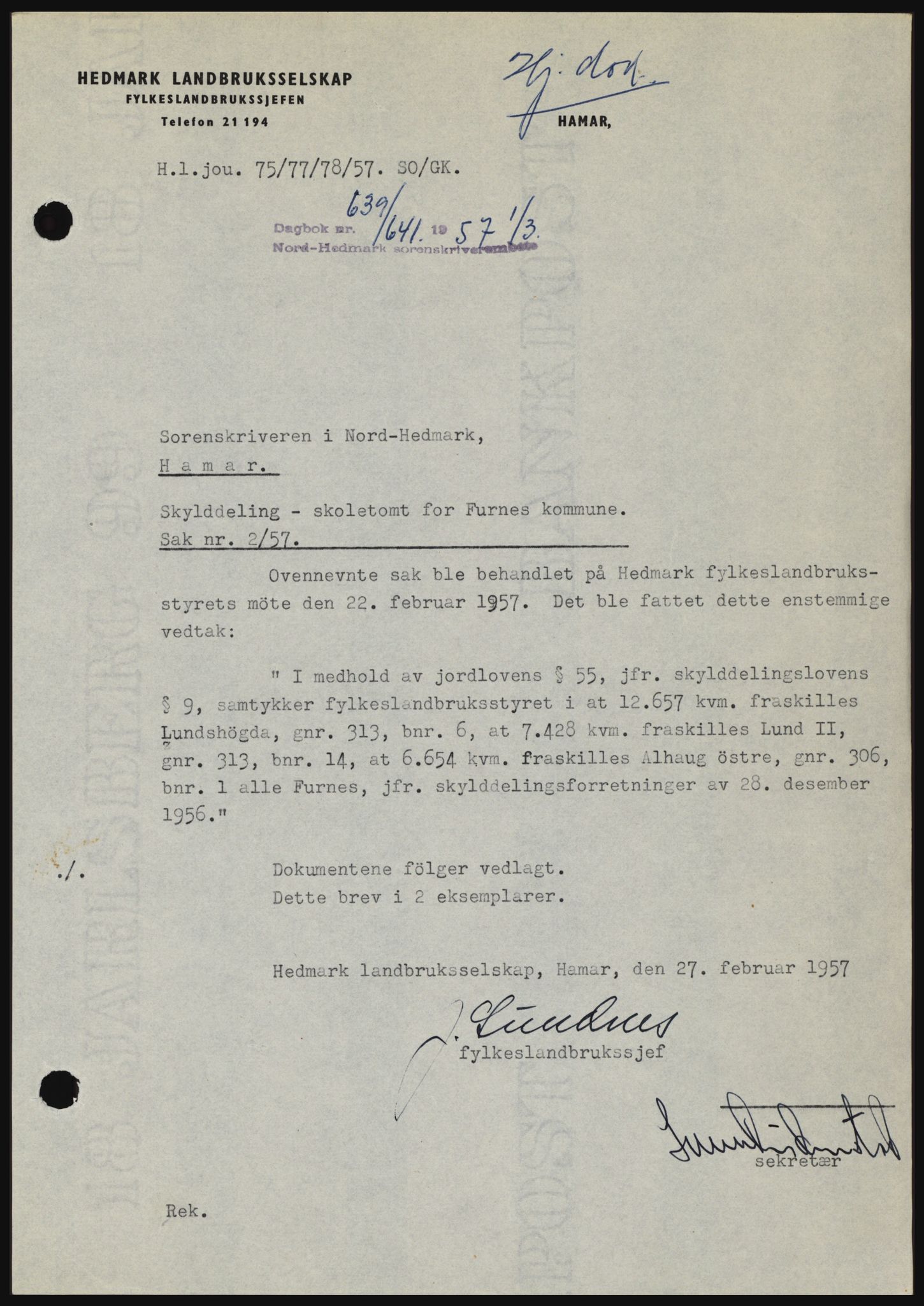 Nord-Hedmark sorenskriveri, SAH/TING-012/H/Hc/L0011: Pantebok nr. 11, 1956-1957, Dagboknr: 639/1957