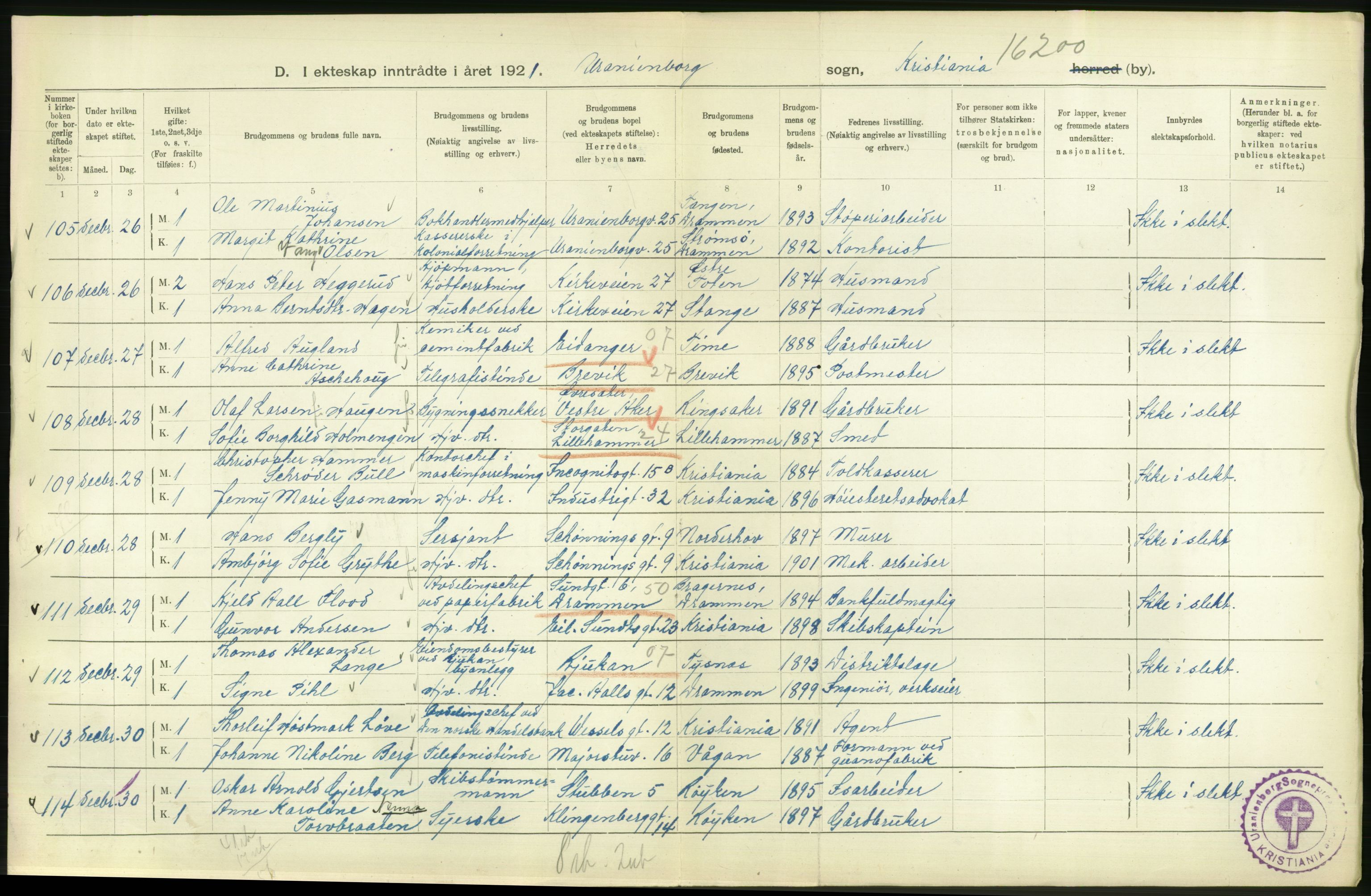 Statistisk sentralbyrå, Sosiodemografiske emner, Befolkning, RA/S-2228/D/Df/Dfc/Dfca/L0011: Kristiania: Gifte, 1921, s. 254