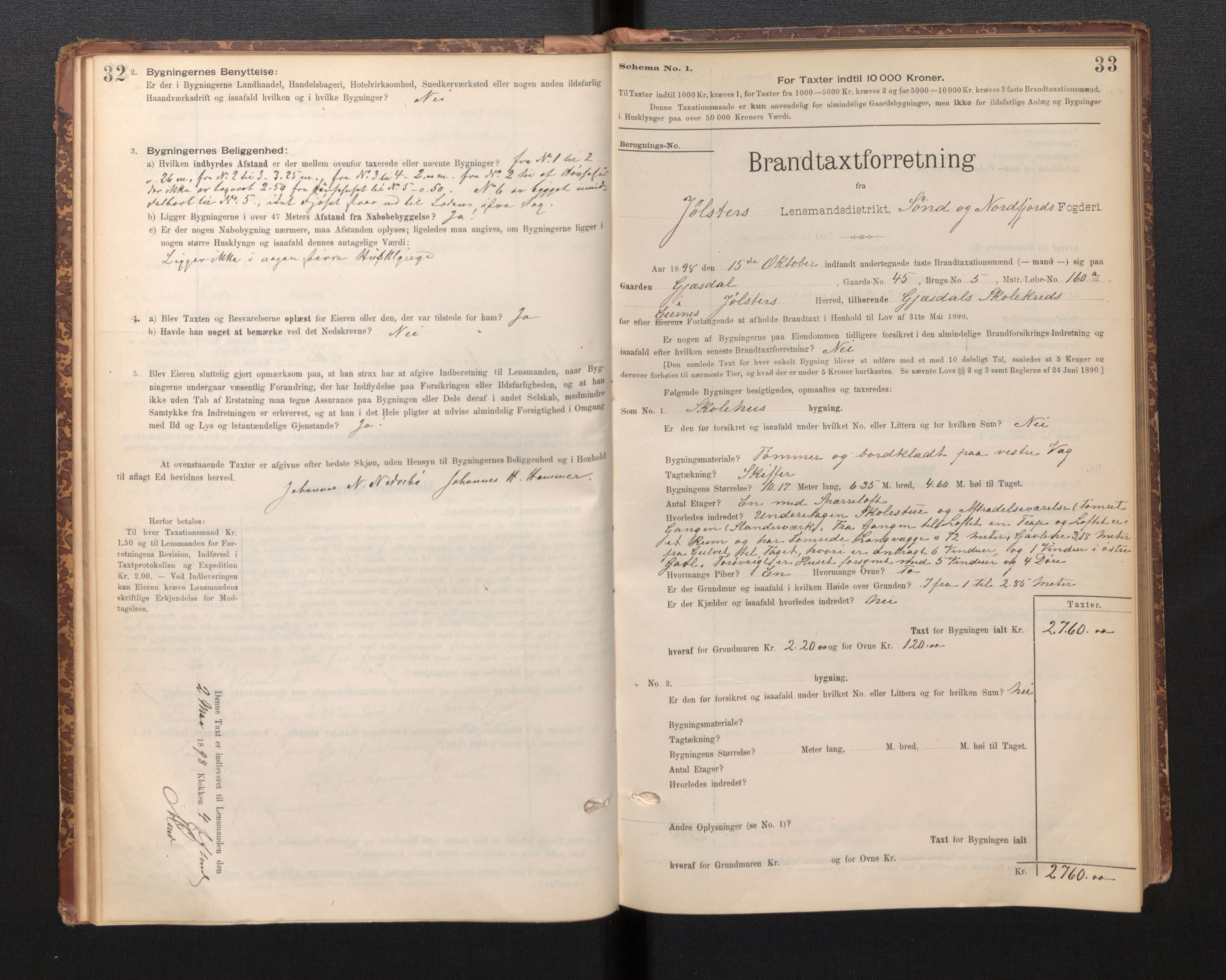 Lensmannen i Jølster, SAB/A-28701/0012/L0004: Branntakstprotokoll, skjematakst, 1895-1923, s. 32-33