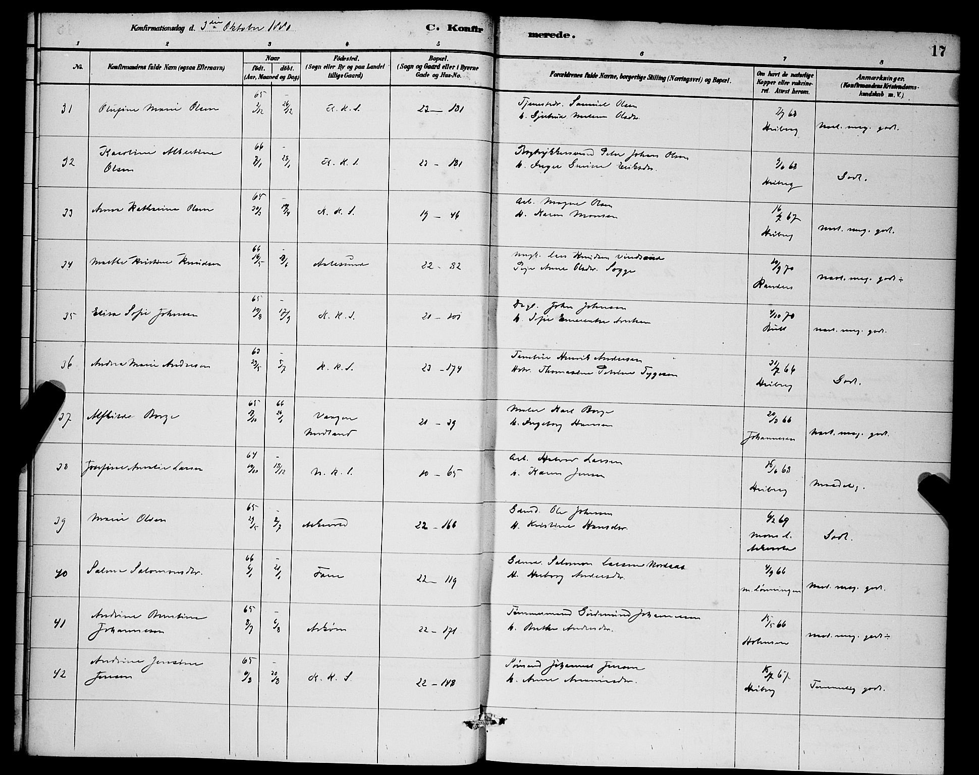 Korskirken sokneprestembete, SAB/A-76101/H/Hab: Klokkerbok nr. C 3, 1880-1892, s. 17