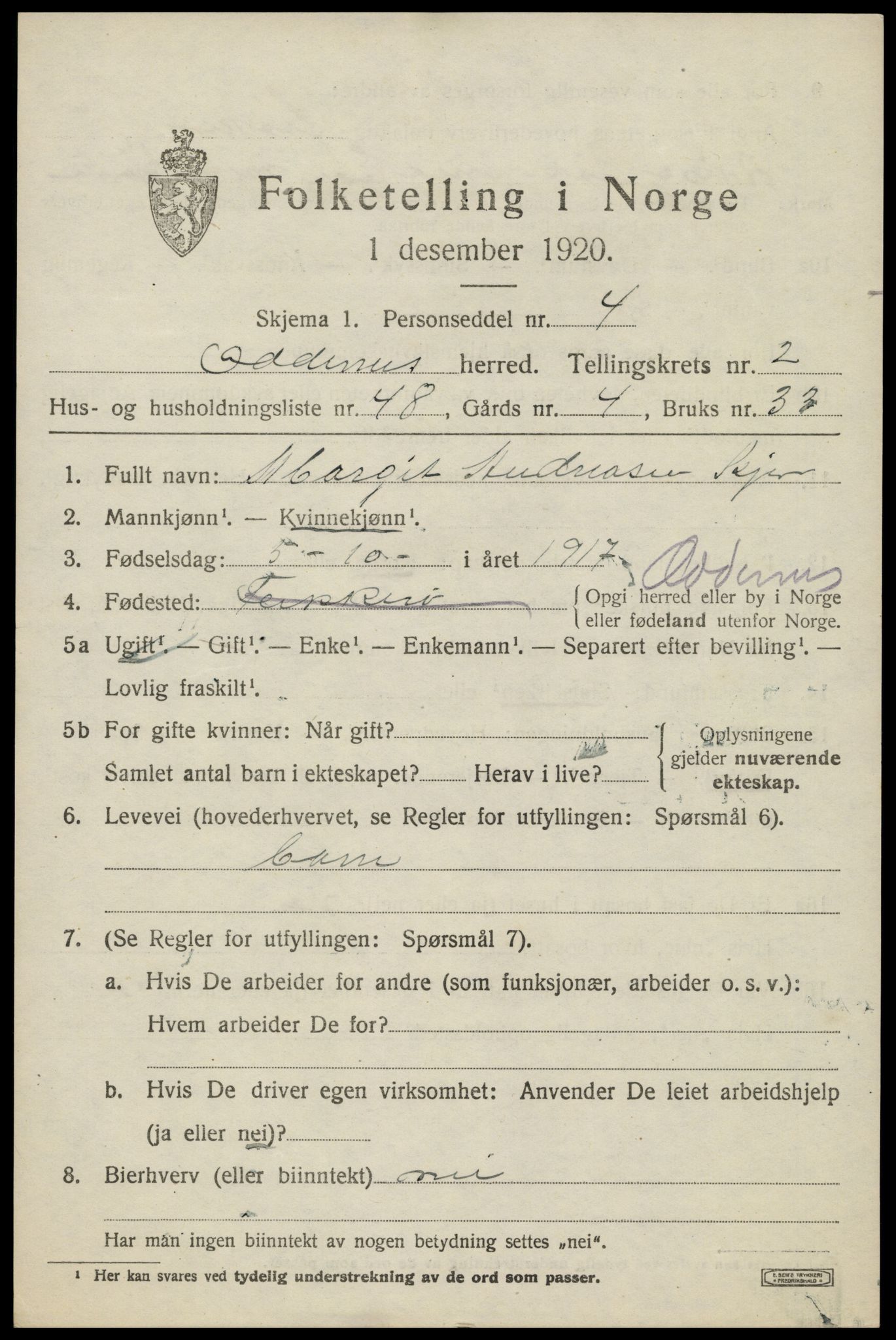 SAK, Folketelling 1920 for 1012 Oddernes herred, 1920, s. 3321