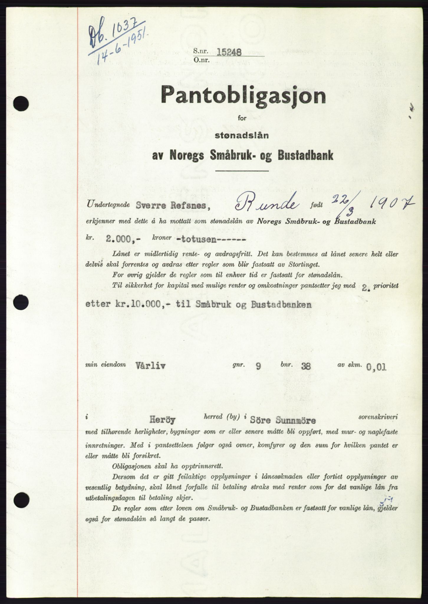Søre Sunnmøre sorenskriveri, SAT/A-4122/1/2/2C/L0120: Pantebok nr. 8B, 1951-1951, Dagboknr: 1037/1951