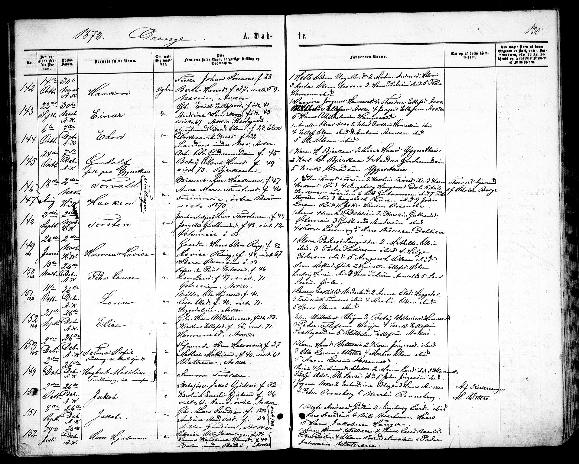 Asker prestekontor Kirkebøker, AV/SAO-A-10256a/F/Fa/L0008: Ministerialbok nr. I 8, 1865-1878, s. 130