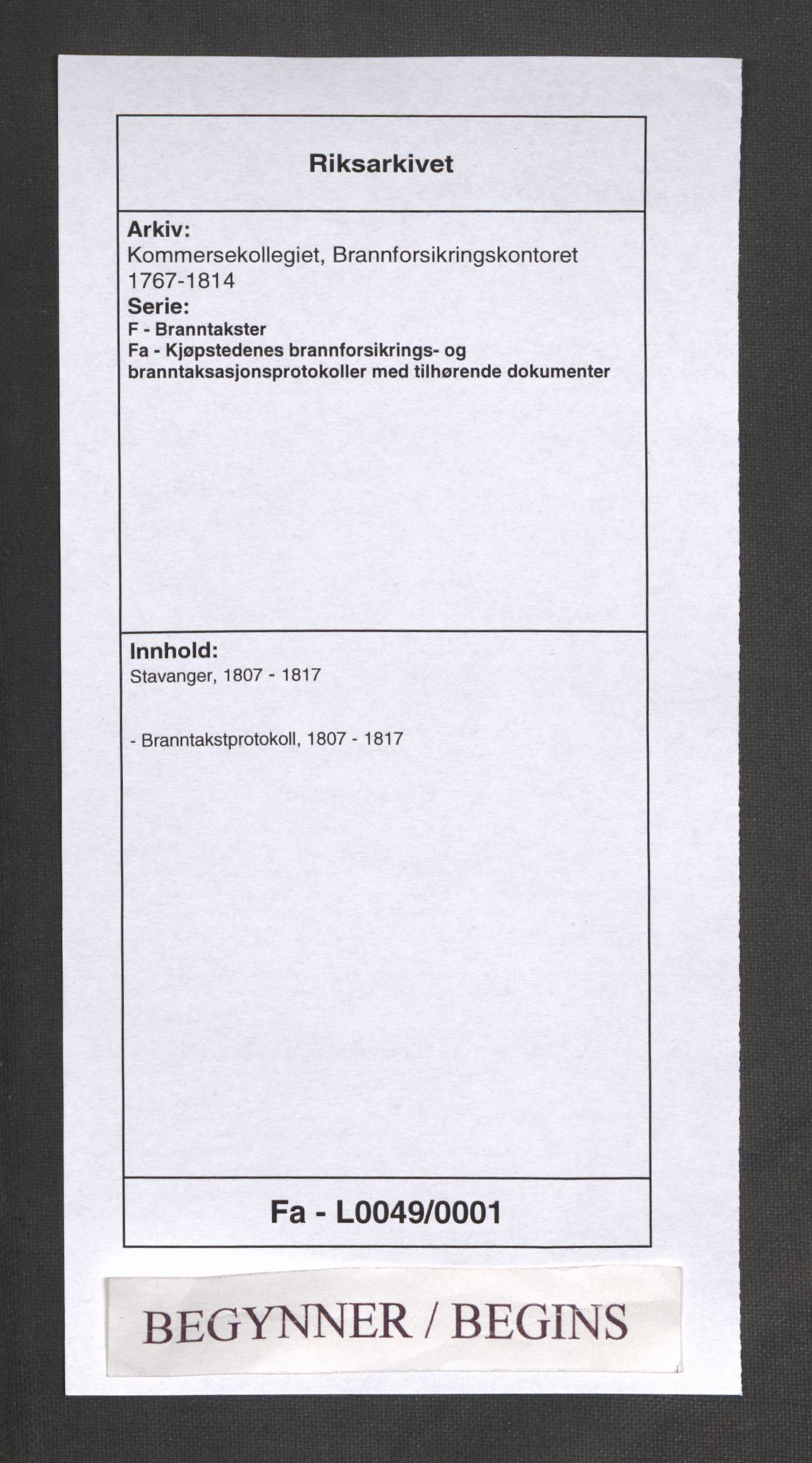 Kommersekollegiet, Brannforsikringskontoret 1767-1814, RA/EA-5458/F/Fa/L0049/0001: Stavanger / Branntakstprotokoll, 1807-1817