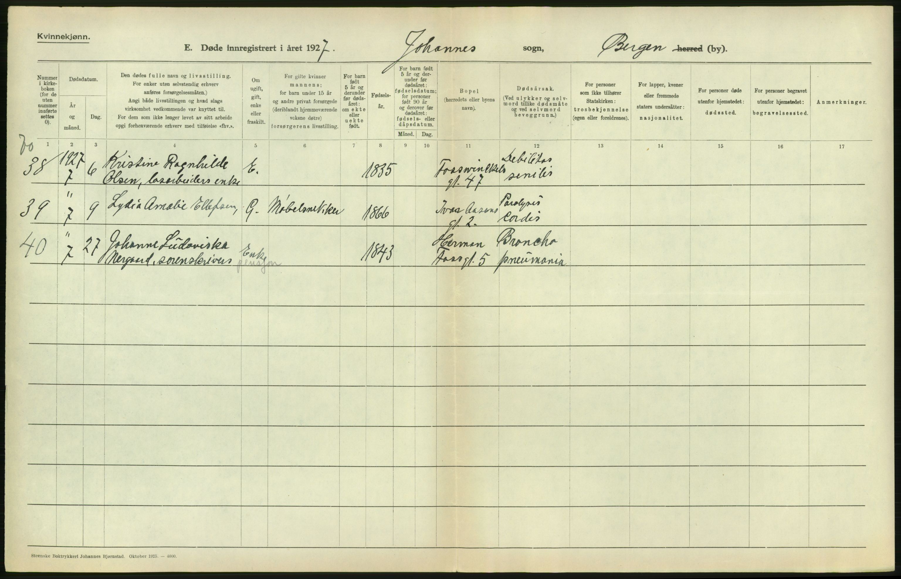 Statistisk sentralbyrå, Sosiodemografiske emner, Befolkning, AV/RA-S-2228/D/Df/Dfc/Dfcg/L0028: Bergen: Gifte, døde., 1927, s. 358