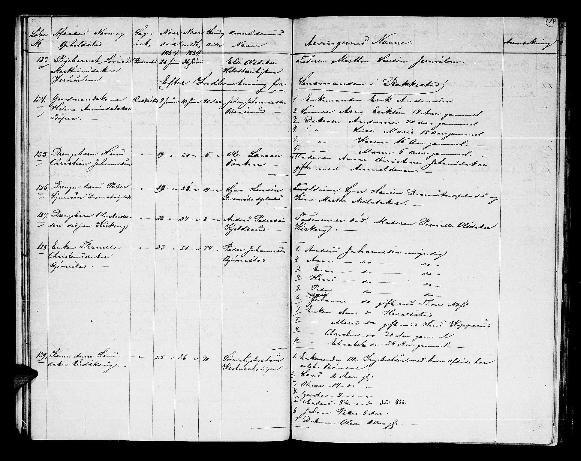 Rakkestad sorenskriveri, AV/SAO-A-10686/H/Ha/Haa/L0002: Dødsanmeldelsesprotokoller, 1854-1860, s. 14