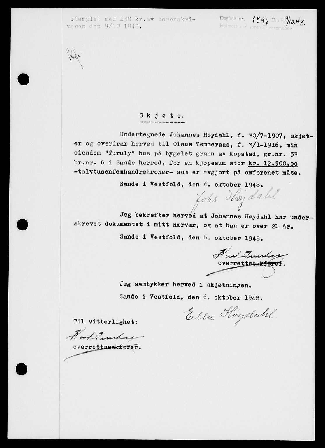 Holmestrand sorenskriveri, SAKO/A-67/G/Ga/Gaa/L0065: Pantebok nr. A-65, 1948-1949, Dagboknr: 1896/1948