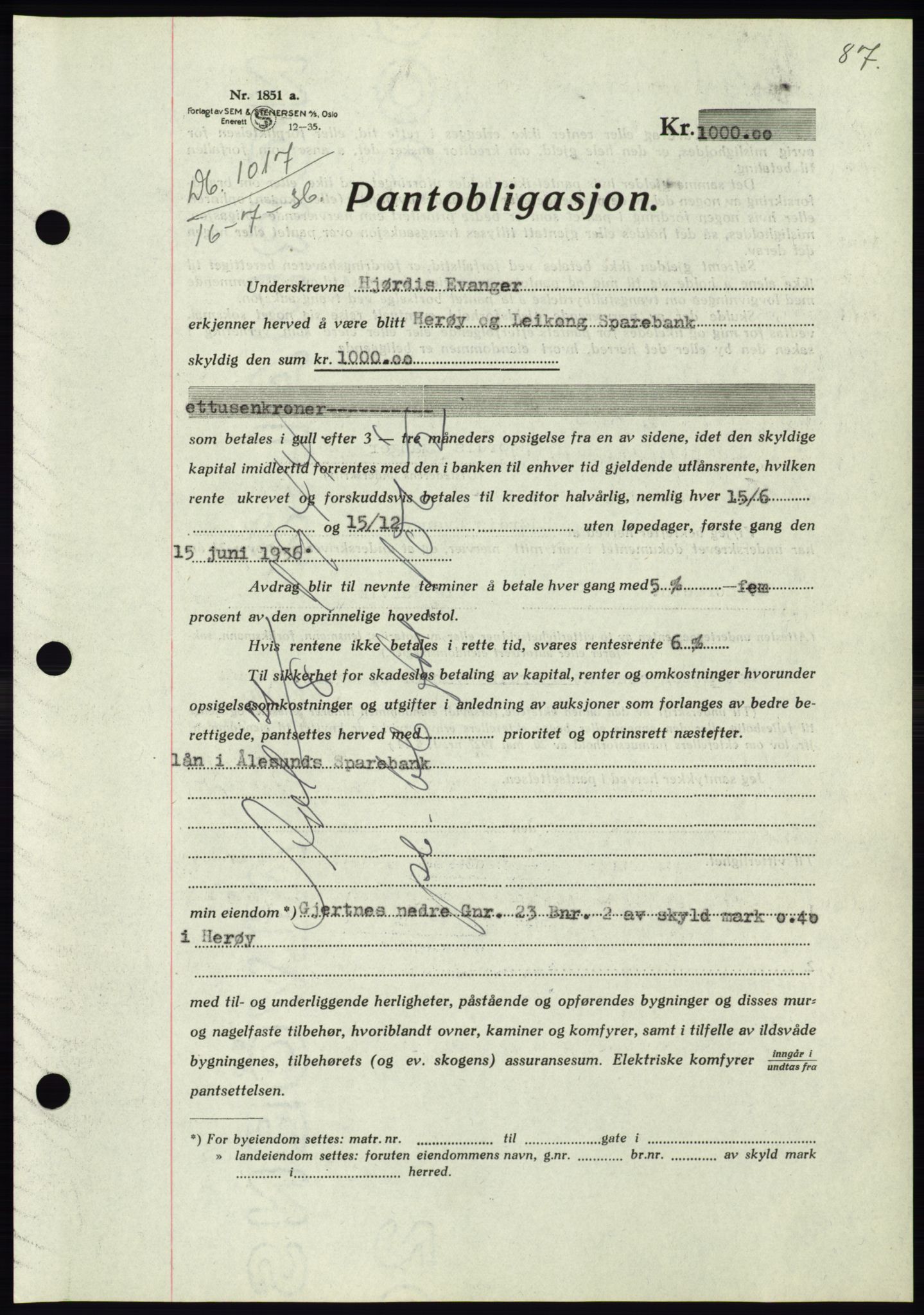 Søre Sunnmøre sorenskriveri, AV/SAT-A-4122/1/2/2C/L0061: Pantebok nr. 55, 1936-1936, Dagboknr: 1017/1936